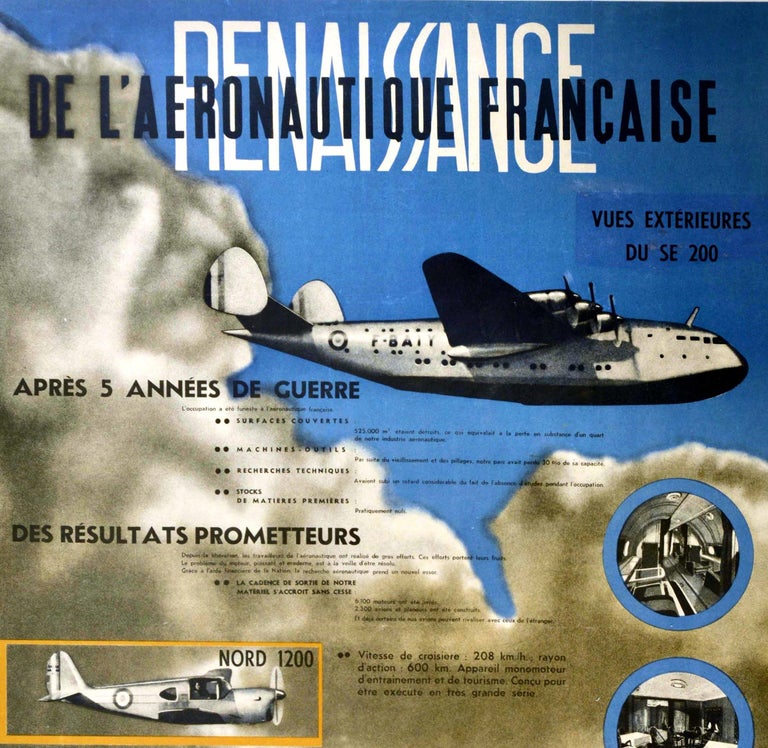 Original vintage post WWII military poster - Renaissance de l'Aeronautique Francaise apres 5 annees de guerre / Renaissance of French Aeronautics five years after the war - featuring black and white photographs showing the development of French Air