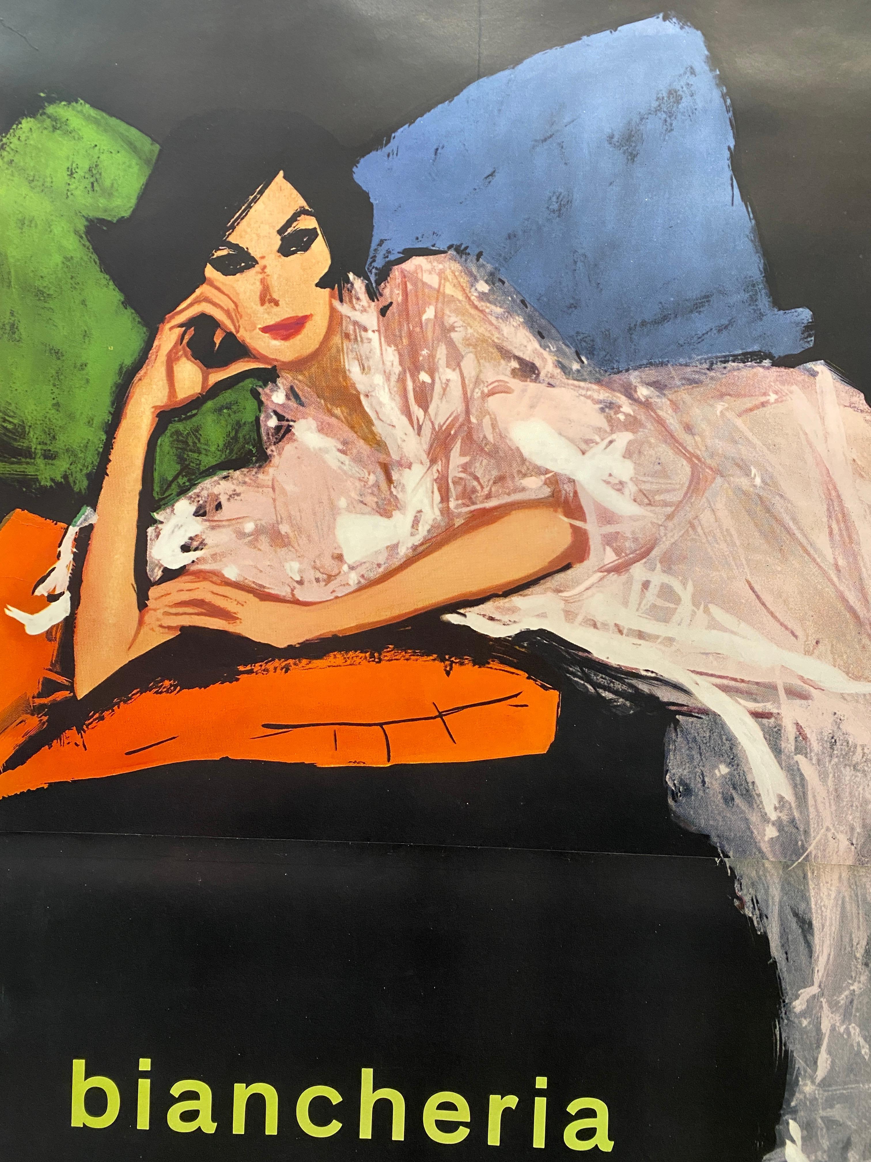Póster Vintage Original Rene Gruau Biancheria Ortalion Mujer Moda Italiana mediados del siglo XX en venta