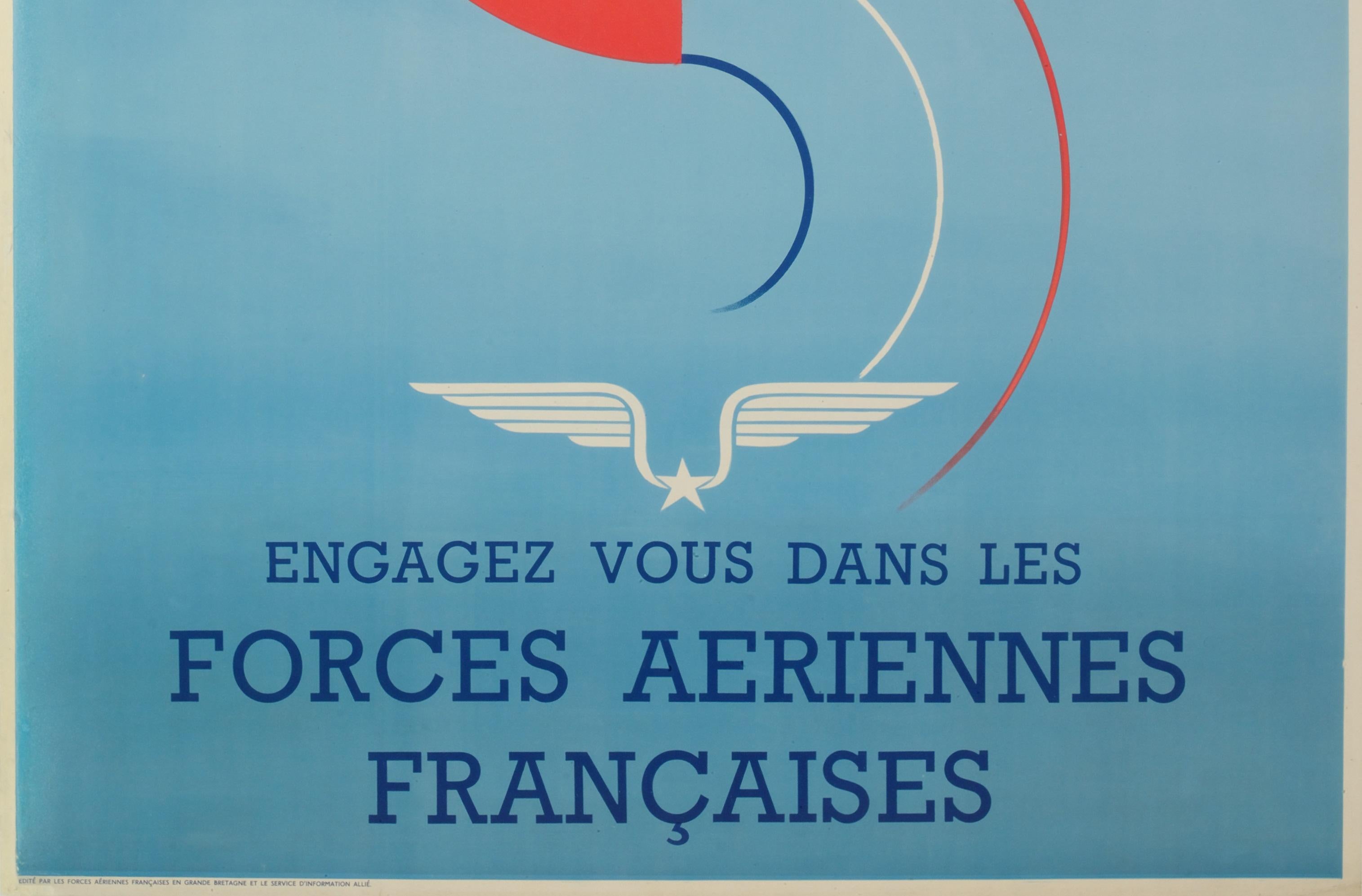 Mid-Century Modern Original Vintage Poster, René Louvat, French Air Force, Avion, Jet, Guerre, 1944 For Sale