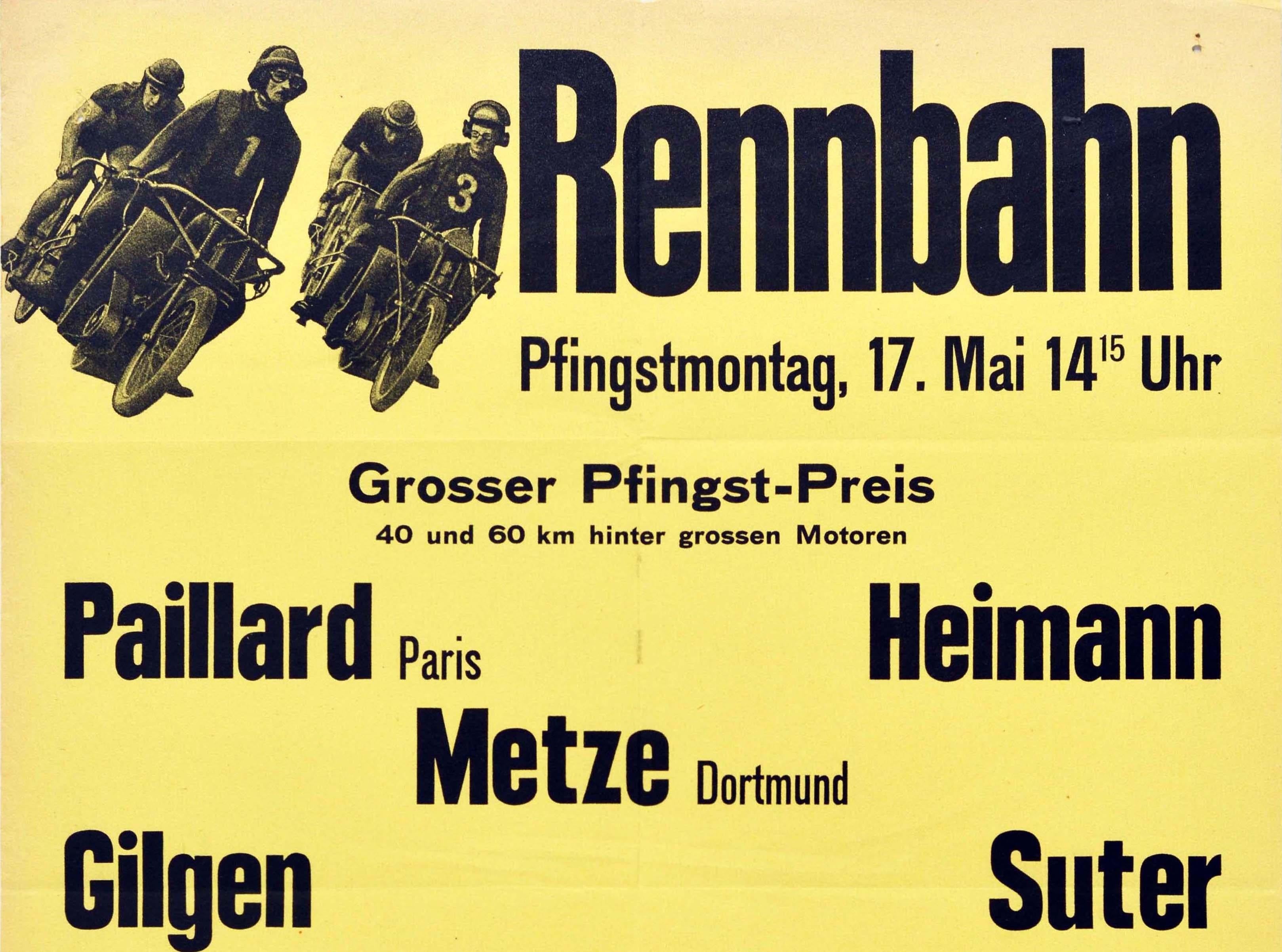 Original vintage motorcycle and bicycle racing poster advertising the Rennbahn race in Oerlikon Zurich on Whit Monday / Pfingstmontag (Pentecost Monday aka Monday of the Holy Spirit is a public holiday in Switzerland) 17 May featuring two motorcycle