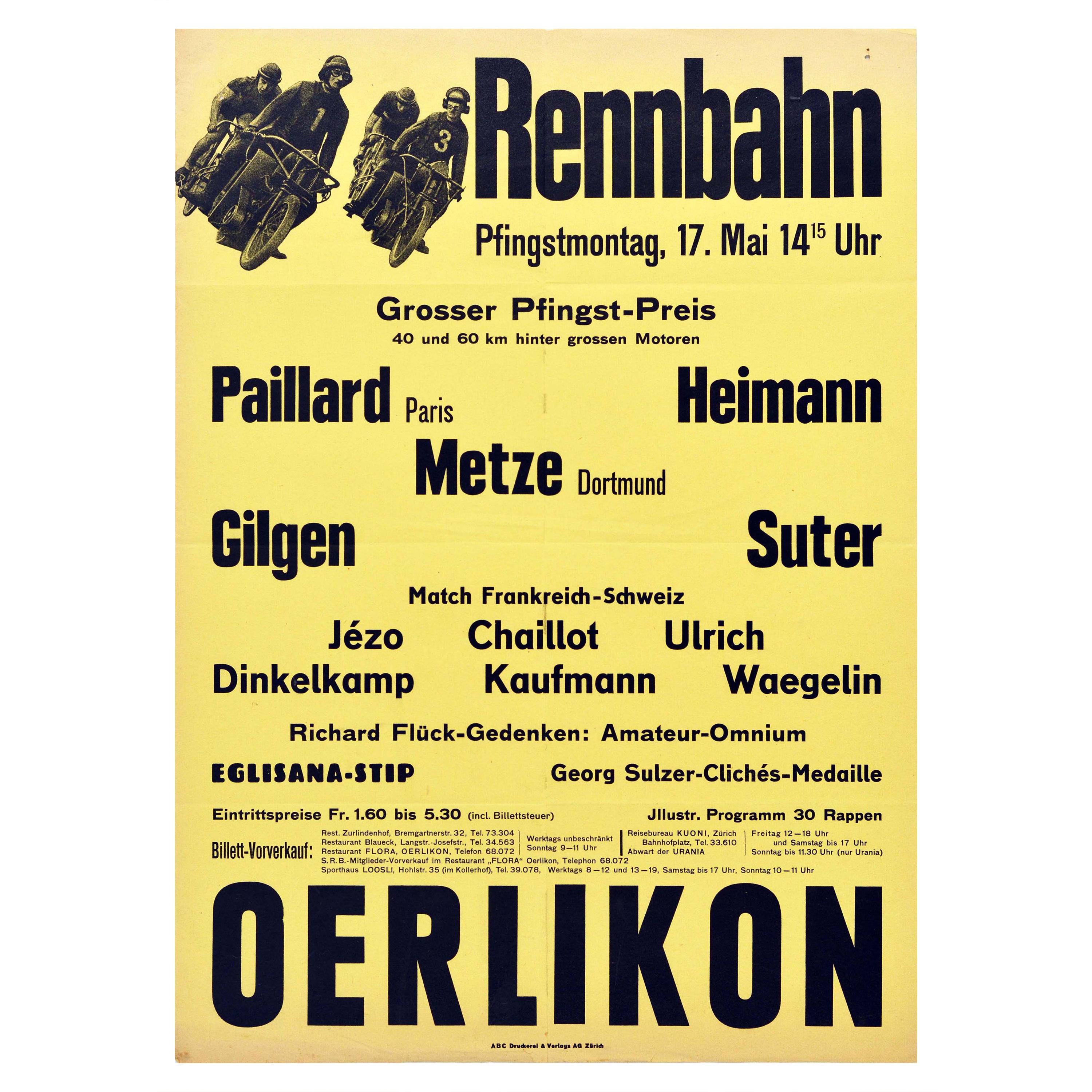 Original Vintage Poster Rennbahn Oerlikon Zurich Motorcycle Bicycle Race Design