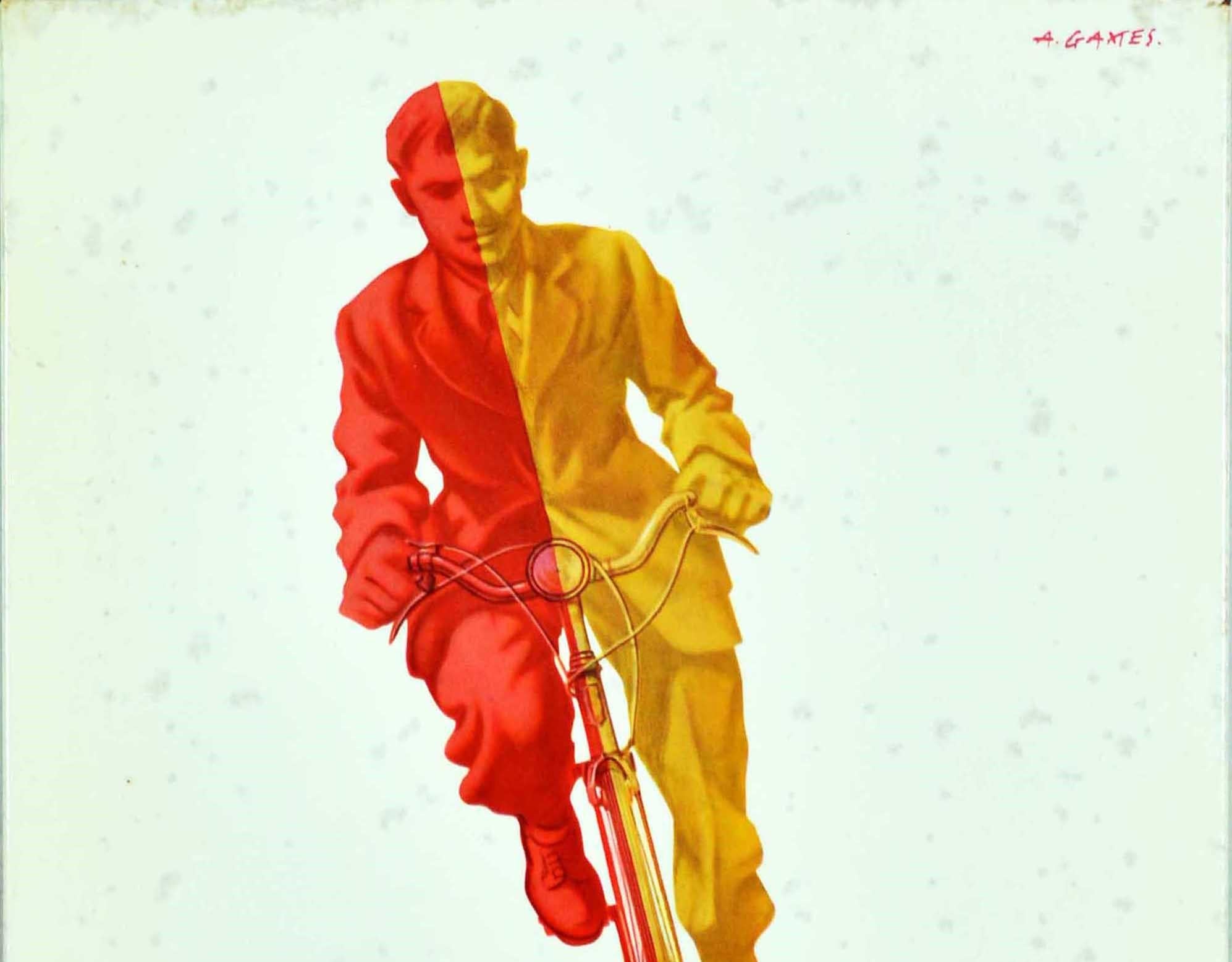 Original Vintage Desktop-Werbeplakat für The Coventry Cycle Chain mit einem großartigen Design des bekannten britischen Grafikdesigners Abram Games (Abraham Gamse; 1914-1996), das einen Radfahrer mit Anzug und Krawatte in Rot und Gelb zeigt, der auf