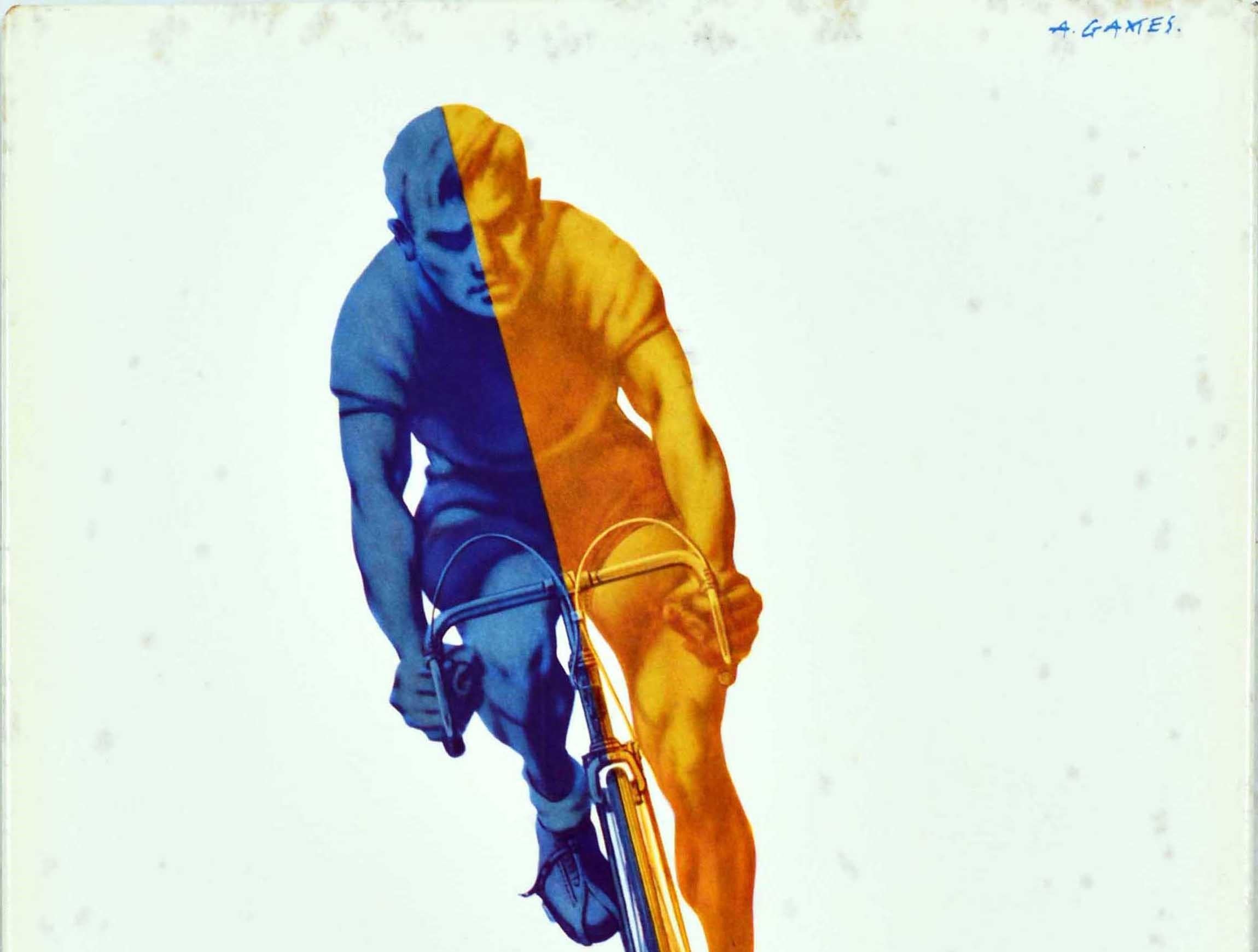 Original vintage desktop advertising standee poster for Renold Elite Cycle Chain featuring a great design by the notable British graphic designer Abram Games (Abraham Gamse; 1914-1996) depicting a sports cyclist in blue and yellow racing towards the