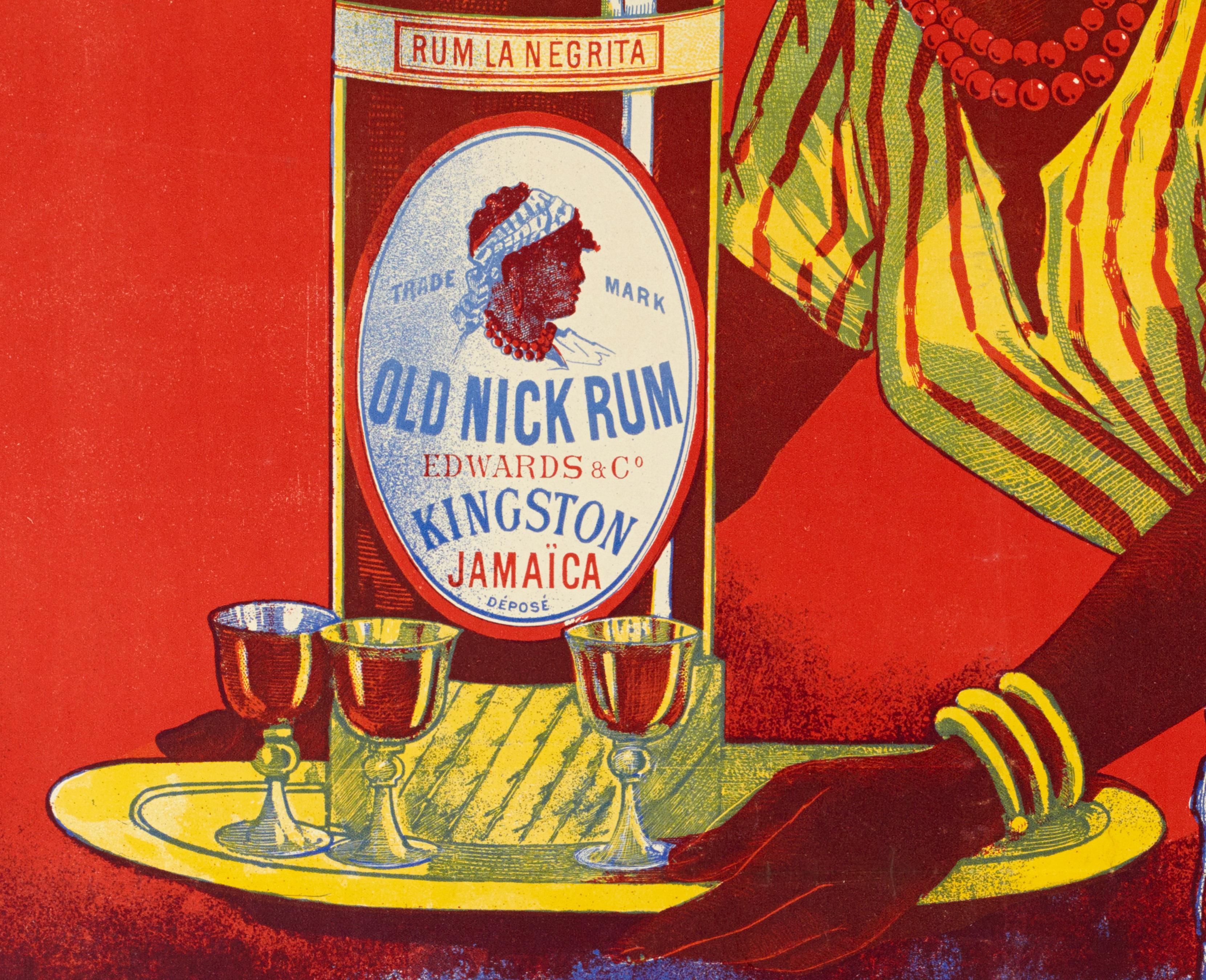 Original vintage poster-Rhum Negrita Old Nick-West Indies-Sugar Cane, 1899

We see a West Indie woman in a striped outfit. She holds a tray in her hands on that is placed a bottle of rum and three full glasses. The background is composed of three