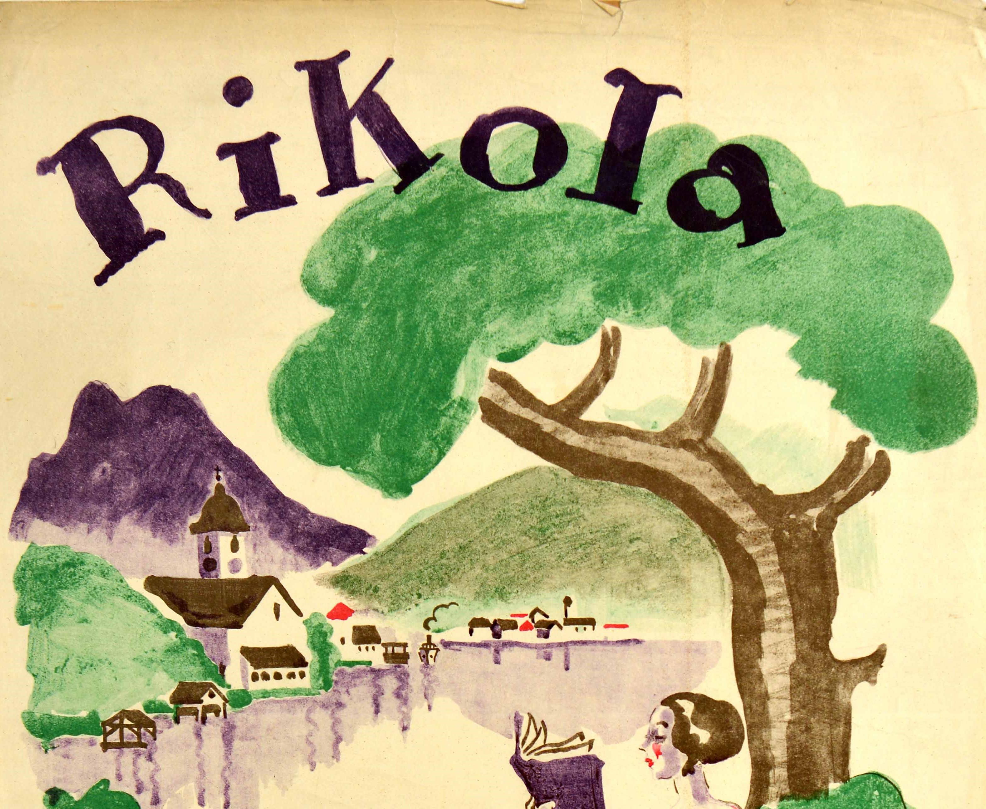 Original vintage advertising poster for Rikola Bucher / Rikola Books featuring colourful artwork of a lady relaxing in a red and white checked dress lying under a tree and reading a book with a village on the other side of the lake and hills on the