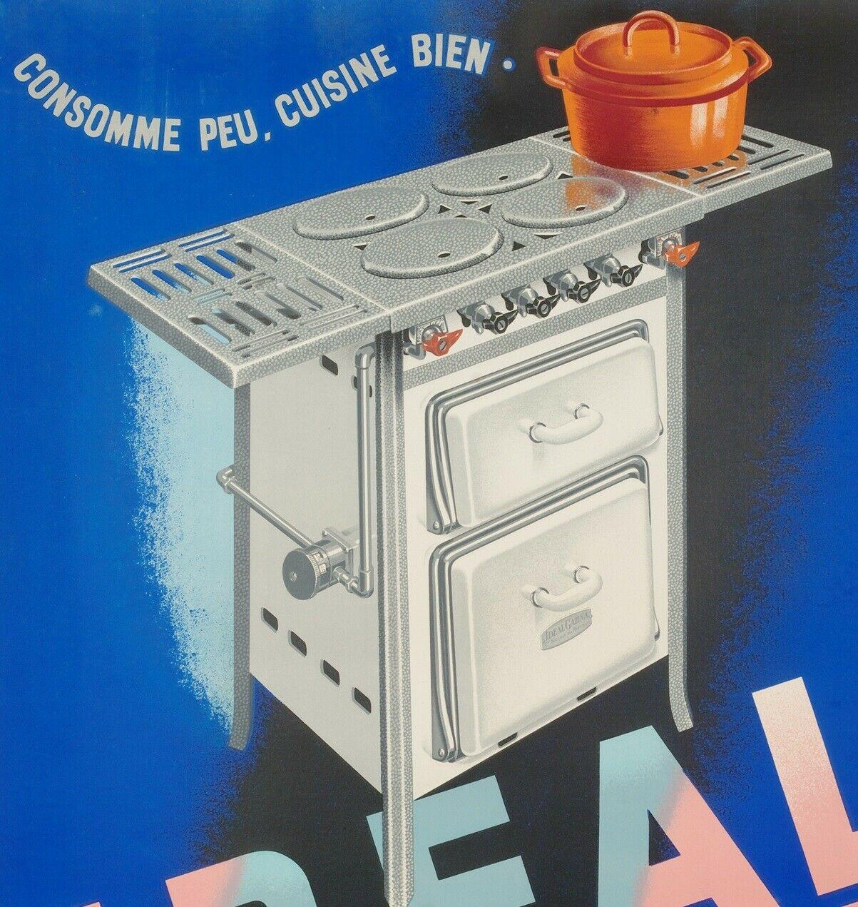 Art déco Roger De Valerio, affiche originale de cuisine vintage, Idéal Gazina, 1950 en vente