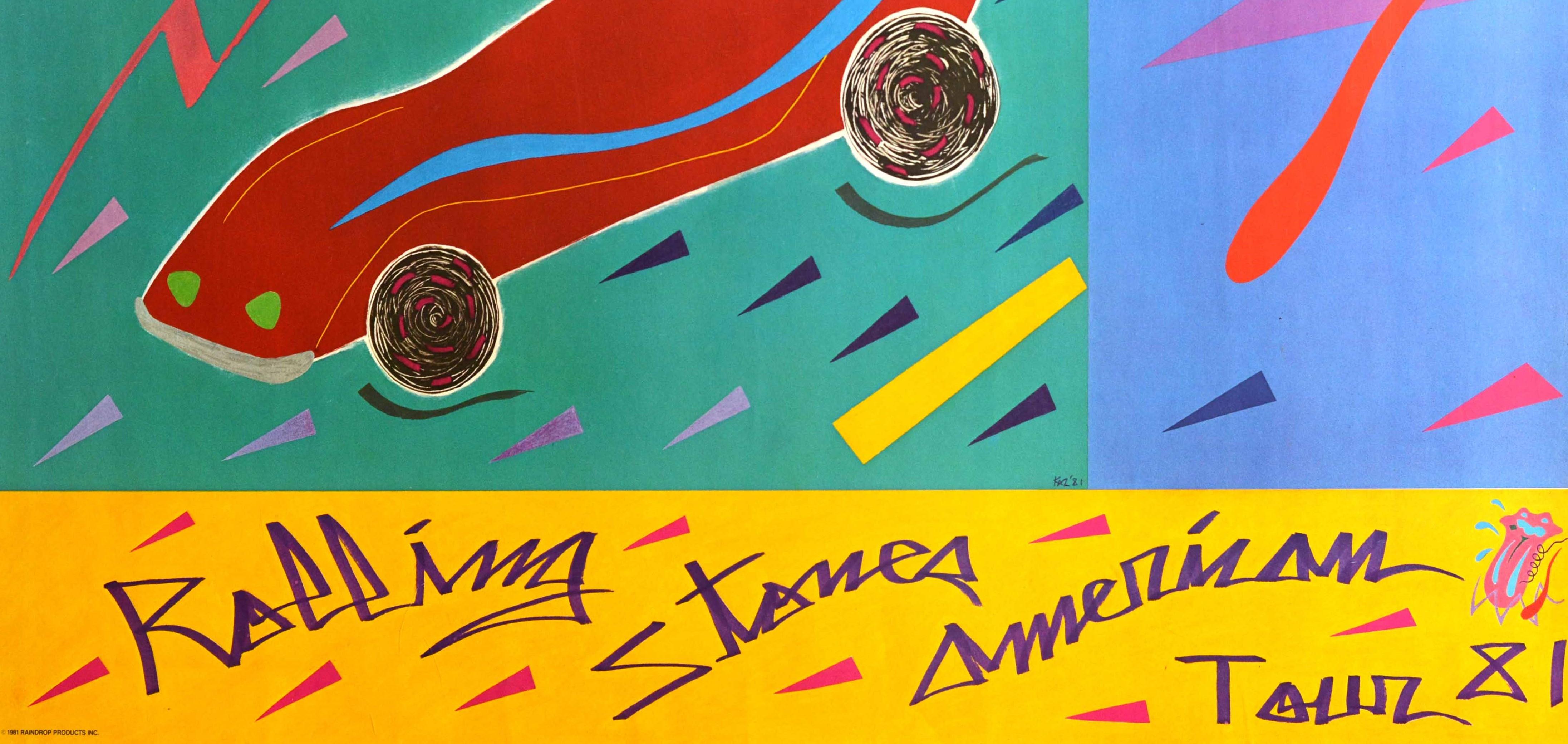 Original vintage music advertising poster for the Rolling Stones American Tour 1981 promoting their Tattoo You album featuring a colorful design with a car and the American flag in the corner with the stylized lettering and the Rolling Stones lips