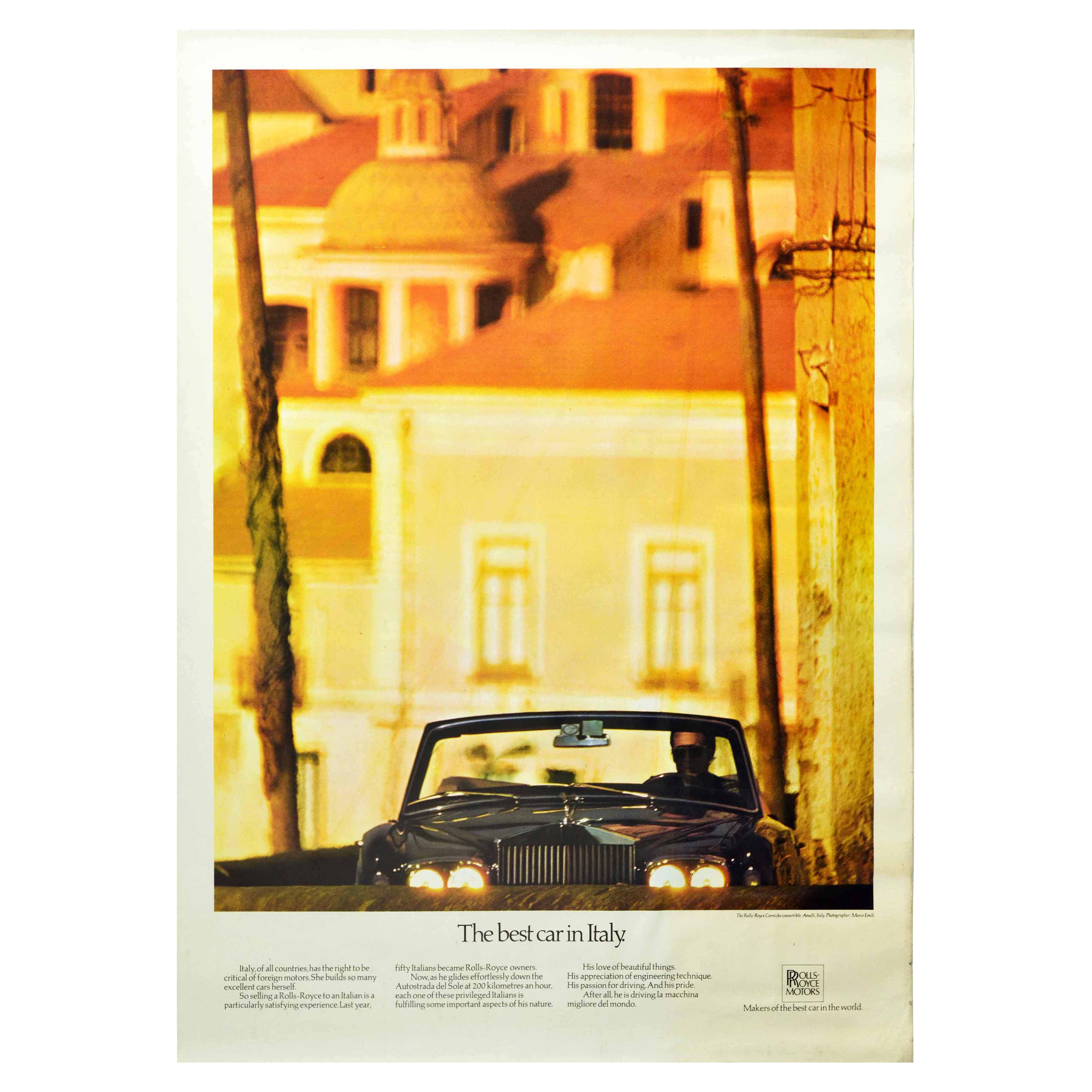 Original Vintage Poster Rolls Royce Corniche The Best Car In Italy Amalfi Coast For Sale