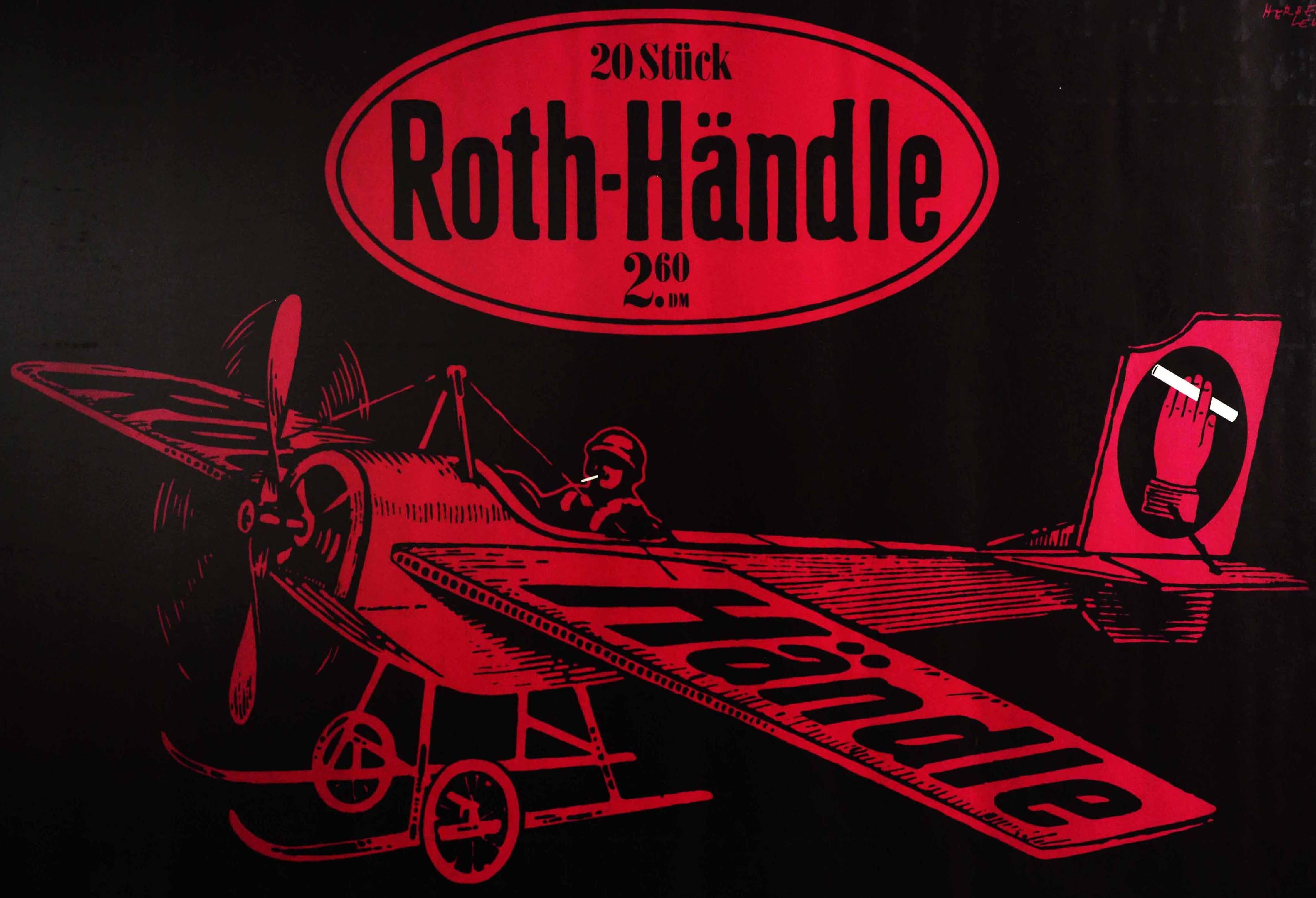 Original vintage advertising poster for Roth-Handle cigarettes featuring a red and black illustration of a pilot smoking a cigarette whileh flying a propeller plane with Roth and Handle written on the wings and a hand holding a cigarette