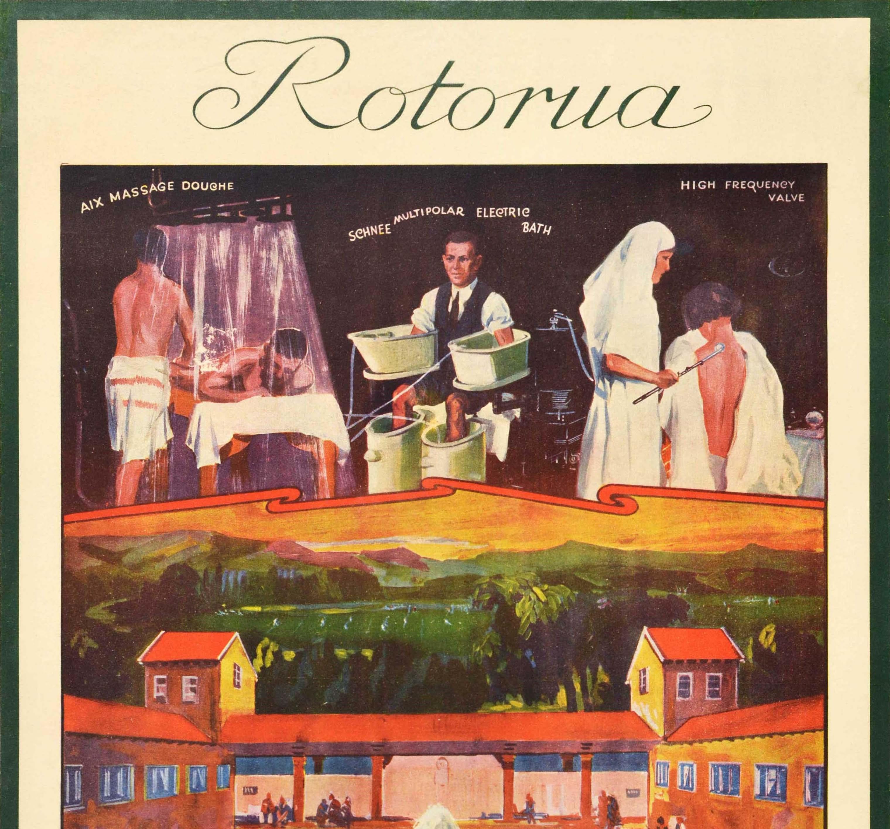 Original vintage travel poster advertising Rotorua Nature's Cure New Zealand Thermal Waters Health and Recreation featuring a colourful image of people swimming and relaxing at the Rotorua Blue Baths (opened 1932) with a fountain in the foreground