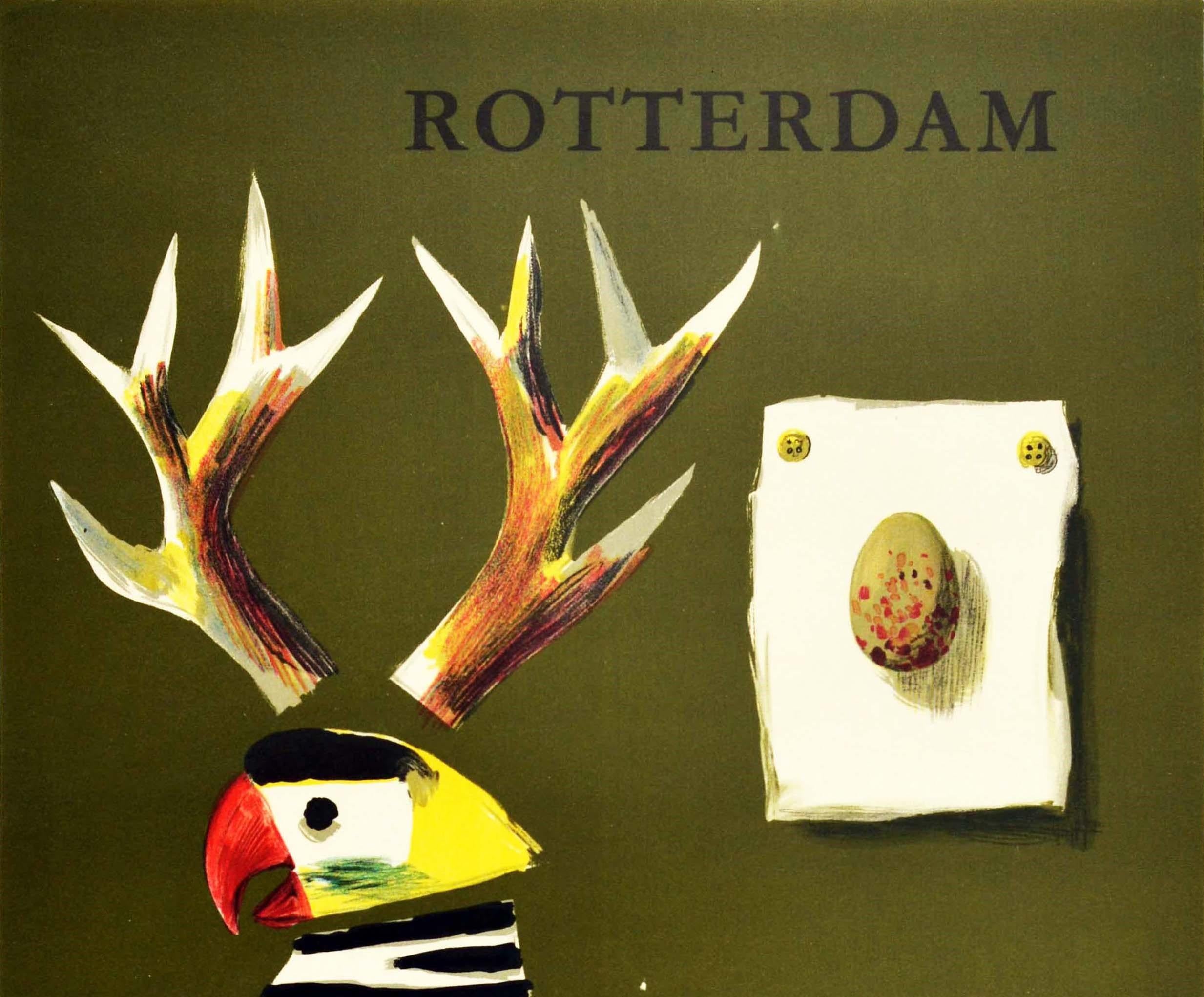 Original vintage travel poster advertising Rotterdam le zoo moderne / the modern zoo. Fun design by Kees van Roemburg (1915-2002) mimicking abstract art depicts a bird-like shape composed of various animals - the horns of a deer above the head of a