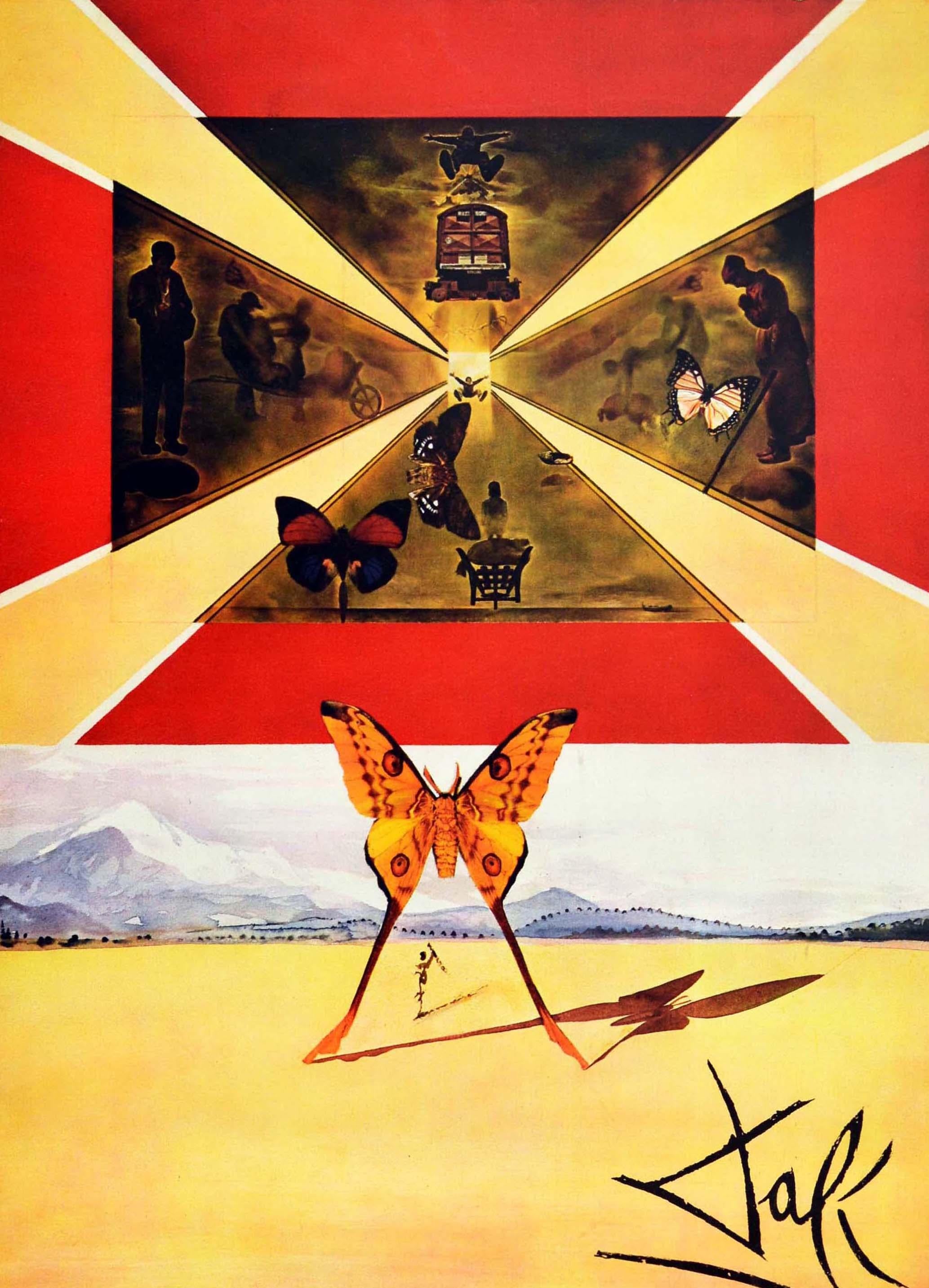 Cartel de viaje original de época que anuncia el Rosellón, con mariposas y figuras en un marco rojo con líneas amarillas de luz desde el centro y una persona con una mariposa proyectando una larga sombra delante de unas montañas nevadas en la