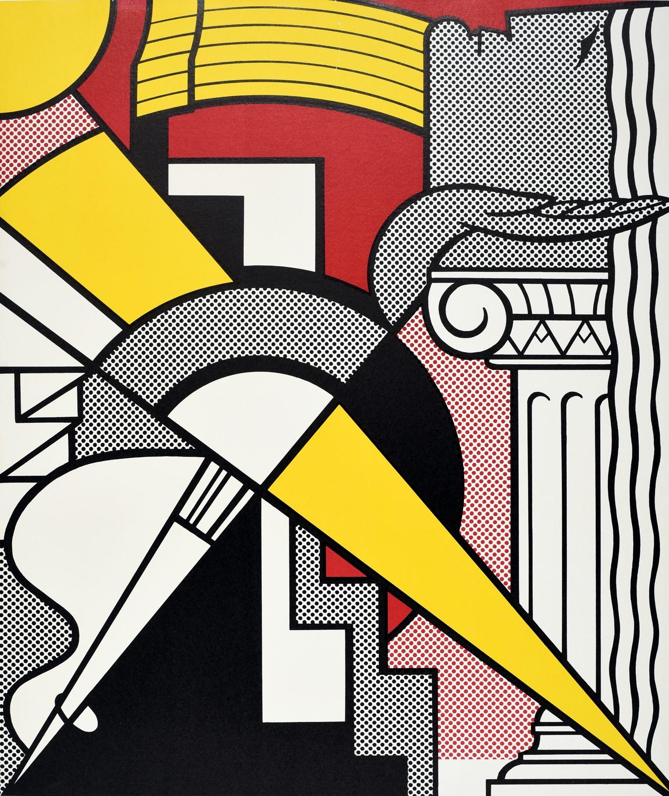 Original vintage art exhibition poster featuring the colorful arrow and column design by the notable pop artist Roy Lichtenstein (1923-1997) with abstract geometric lines and half-tone dots to create a comic strip inspired image, the information