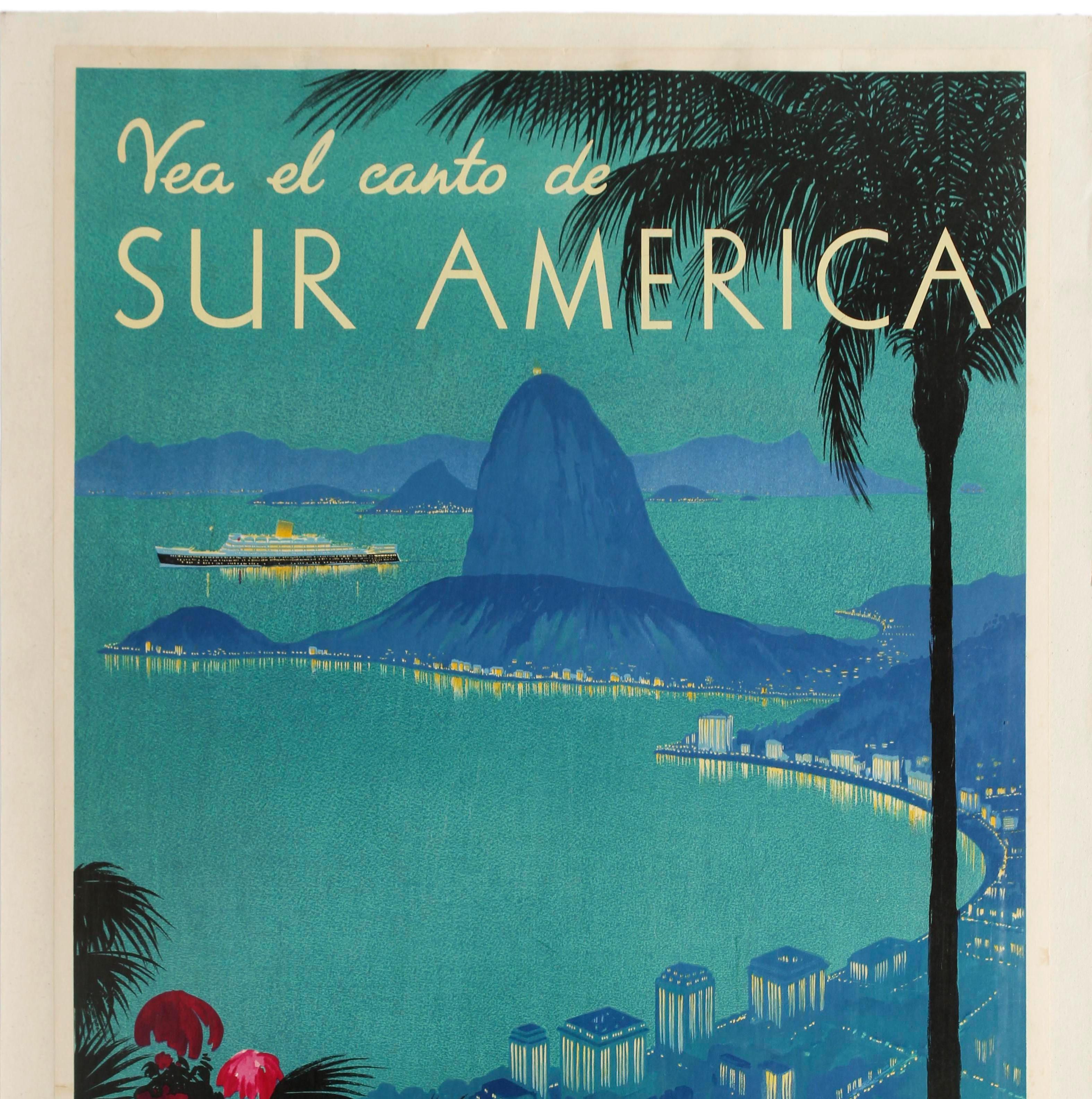 Original vintage Royal Mail cruise travel advertising poster - Vea el canto de Sur America See the Song of South America - featuring a stunning scenic image in shades of blue depicting a view over the Rio de Janeiro city skyline along coast in