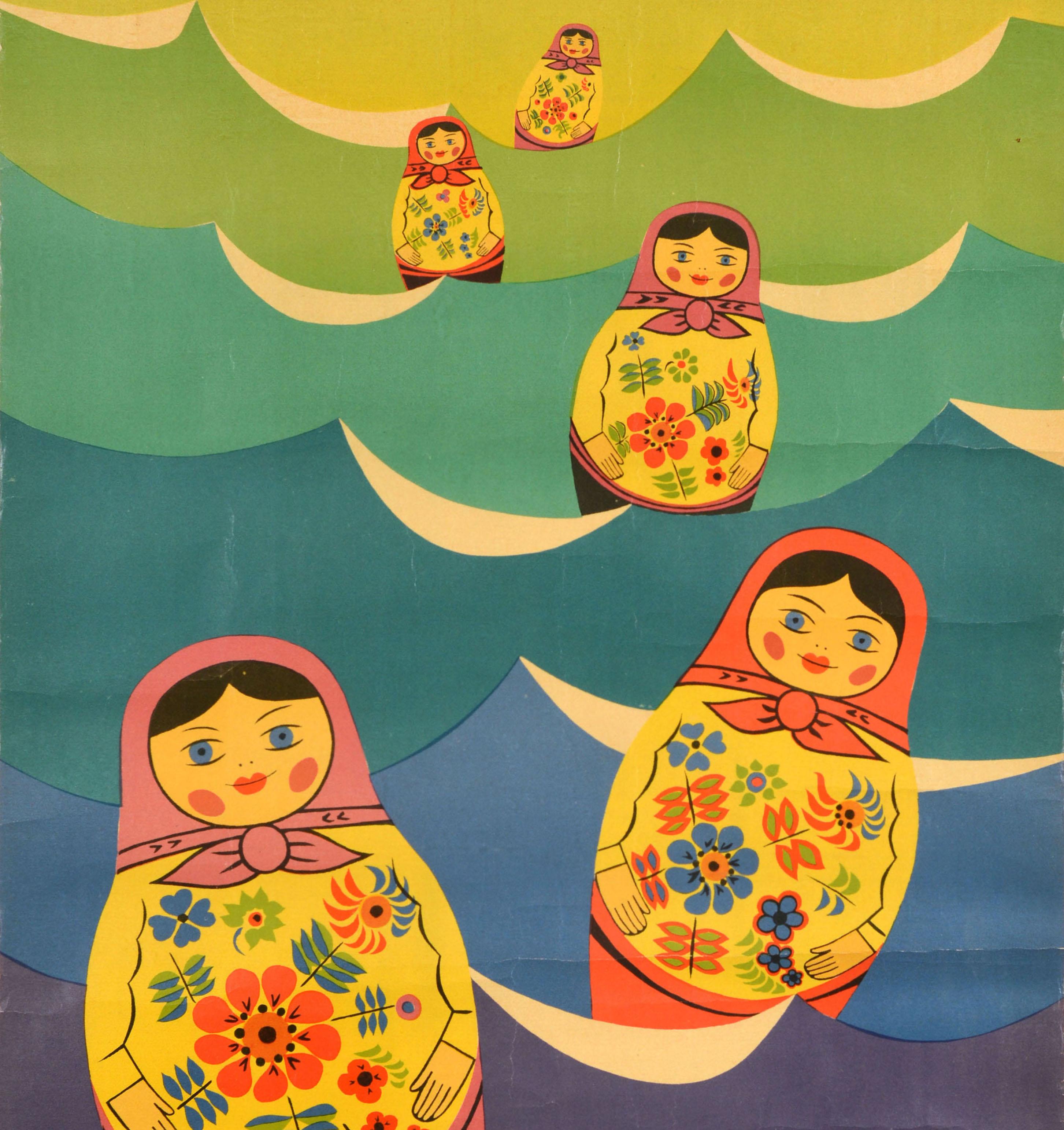 Cartel original de música de época para el conjunto de variedades de la Filarmónica Estatal de Sochi Recuerdos de Rusia / Сочинская государственная филармония эстрадный ансамбль Русские Сувениры con una divertida ilustración de coloridas muñecas