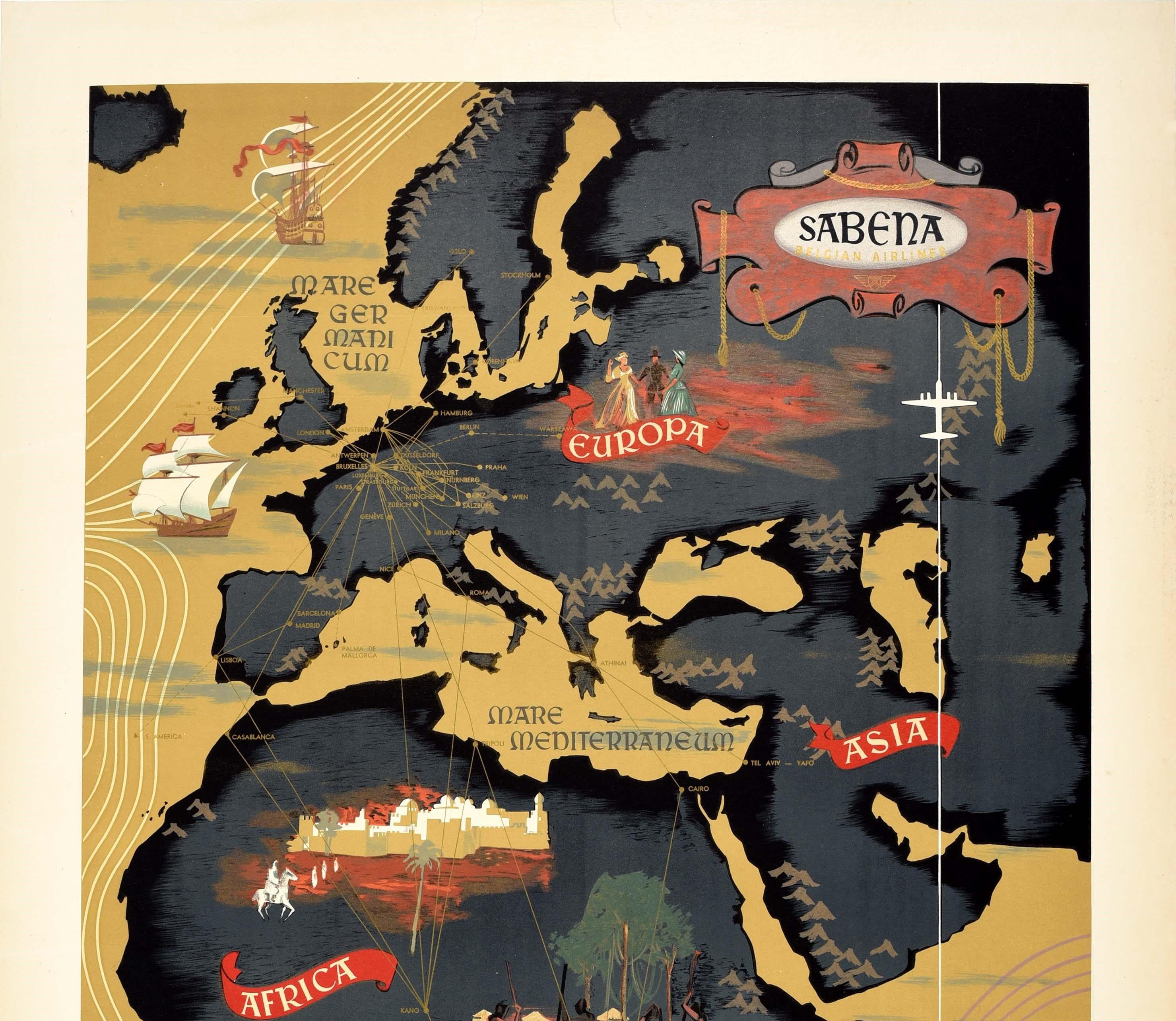 Affiche originale de carte de voyage vintage illustrée annonçant les vols de la Sabena Belgian Airlines vers l'Europe, l'Asie et l'Afrique, avec des images de personnes sur chaque continent et de grands voiliers naviguant en mer, marquées en lettres