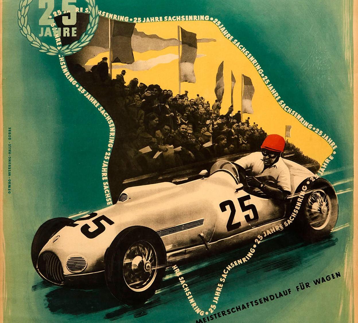 Original vintage motorsport poster for the championship race for motorcycles and championship finals for cars - Sachsenring 1952 Hohenstein-Ernstthal 7 Sept. 25 Jahre Meisterschaftslauf fur motorrader und meisterschaftsendlauf fur wagen - featuring