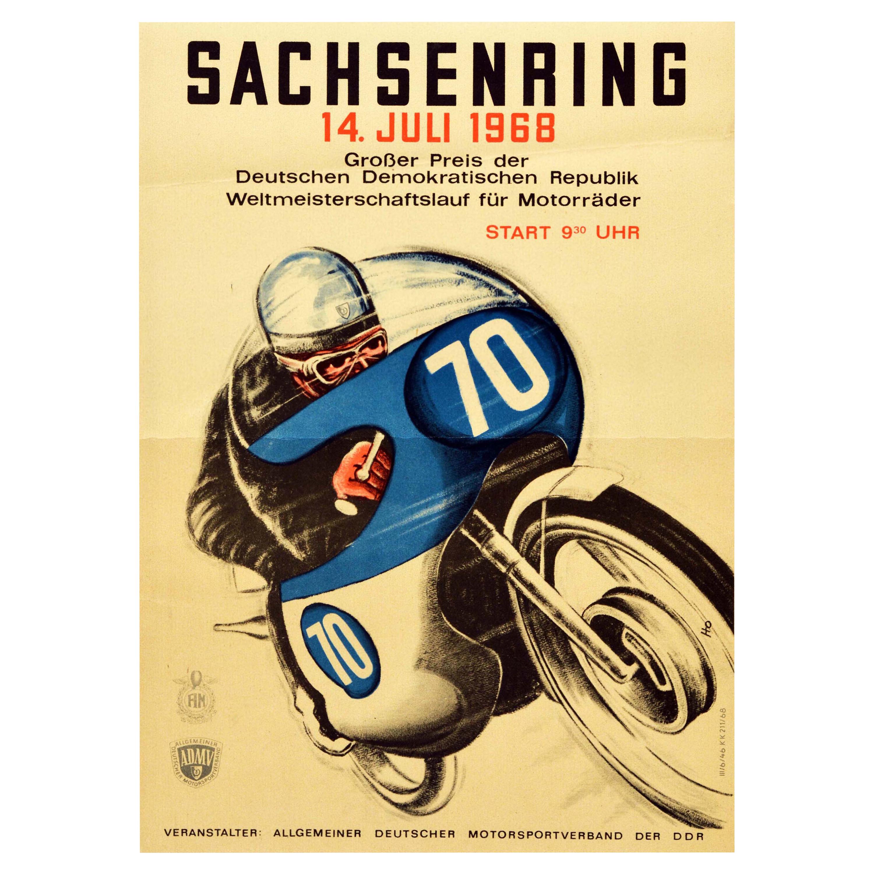 Affiche vintage originale Sachsenring 1968, Grand Prix Moto GP, Course de course