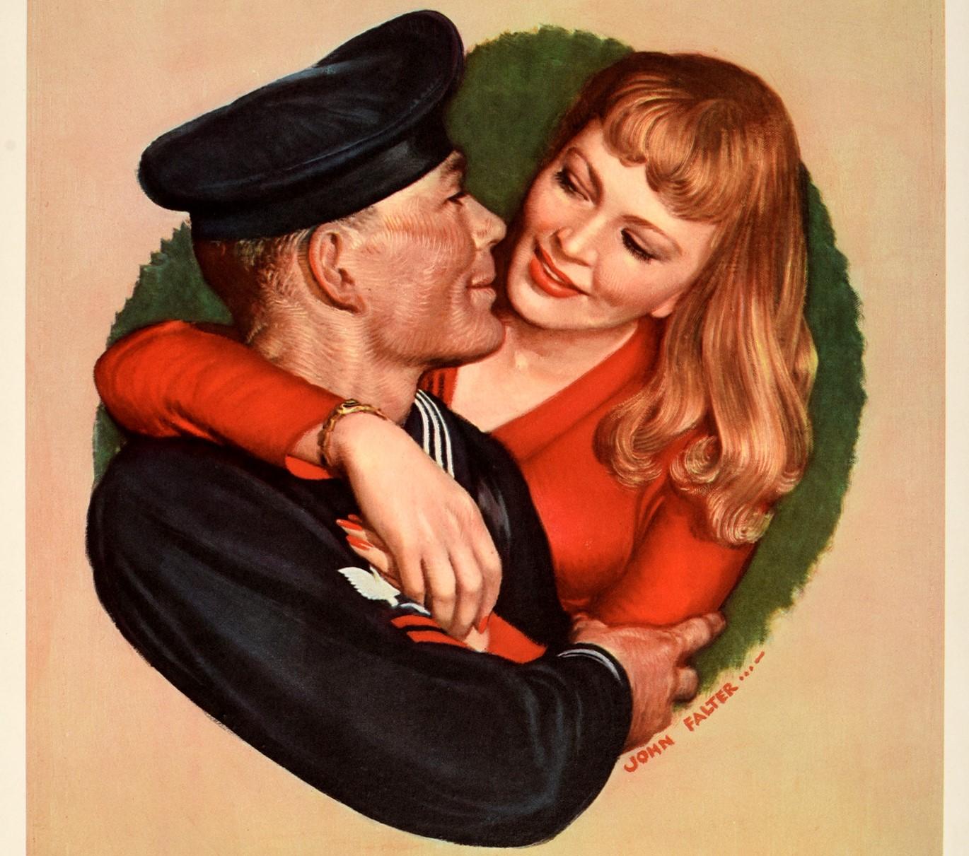 Original vintage World War Two propaganda poster - Sailor Beware! Loose Talk Can Cost Lives - featuring great artwork by the American artist John Philip Falter (1910-1982), of a lady in a red dress holding her arms around a smiling sailor in uniform