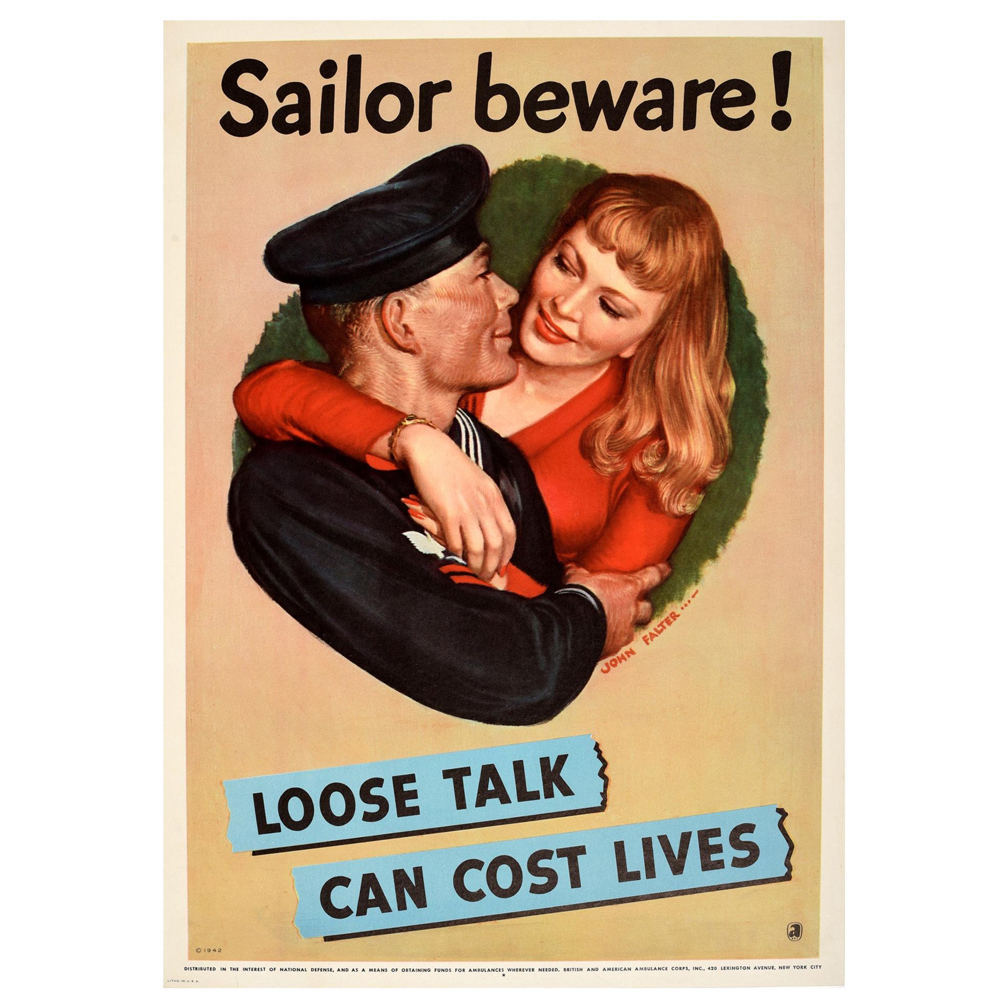 Original Vintage Poster Sailor Beware Loose Talk Can Cost Lives WWII Victory V