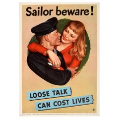 Original Vintage Poster Sailor Beware Loose Talk Can Cost Lives WWII Victory V