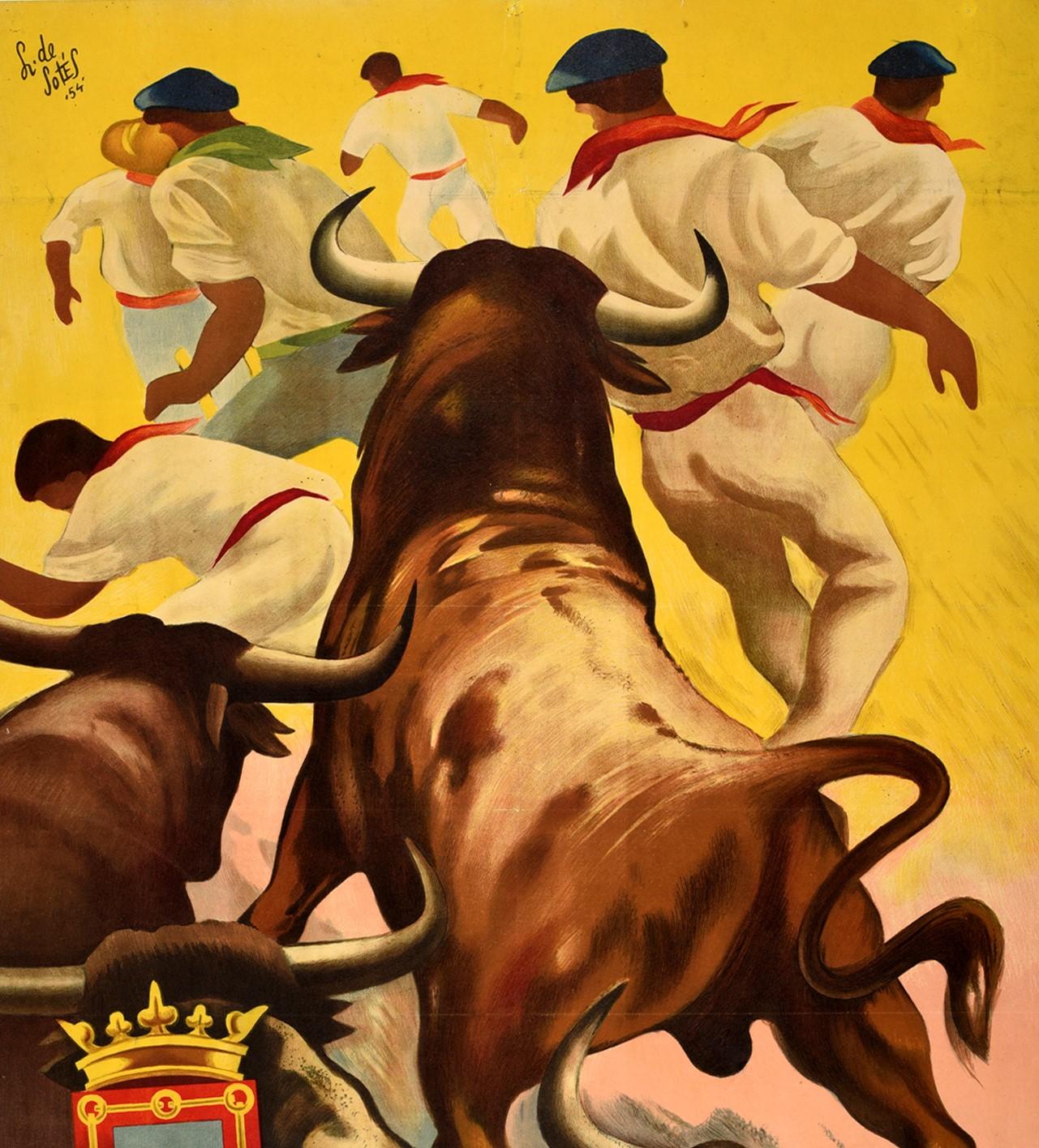Original vintage travel advertising poster for the 1954 San Fermin festival in Pamplona Spain on 6-20 July / San Fermin de 1954 Ferias y Fiestas del 6 al 20 de Julio Grandes Corridas de Toros Emocionantes Encierros featuring a dynamic design of