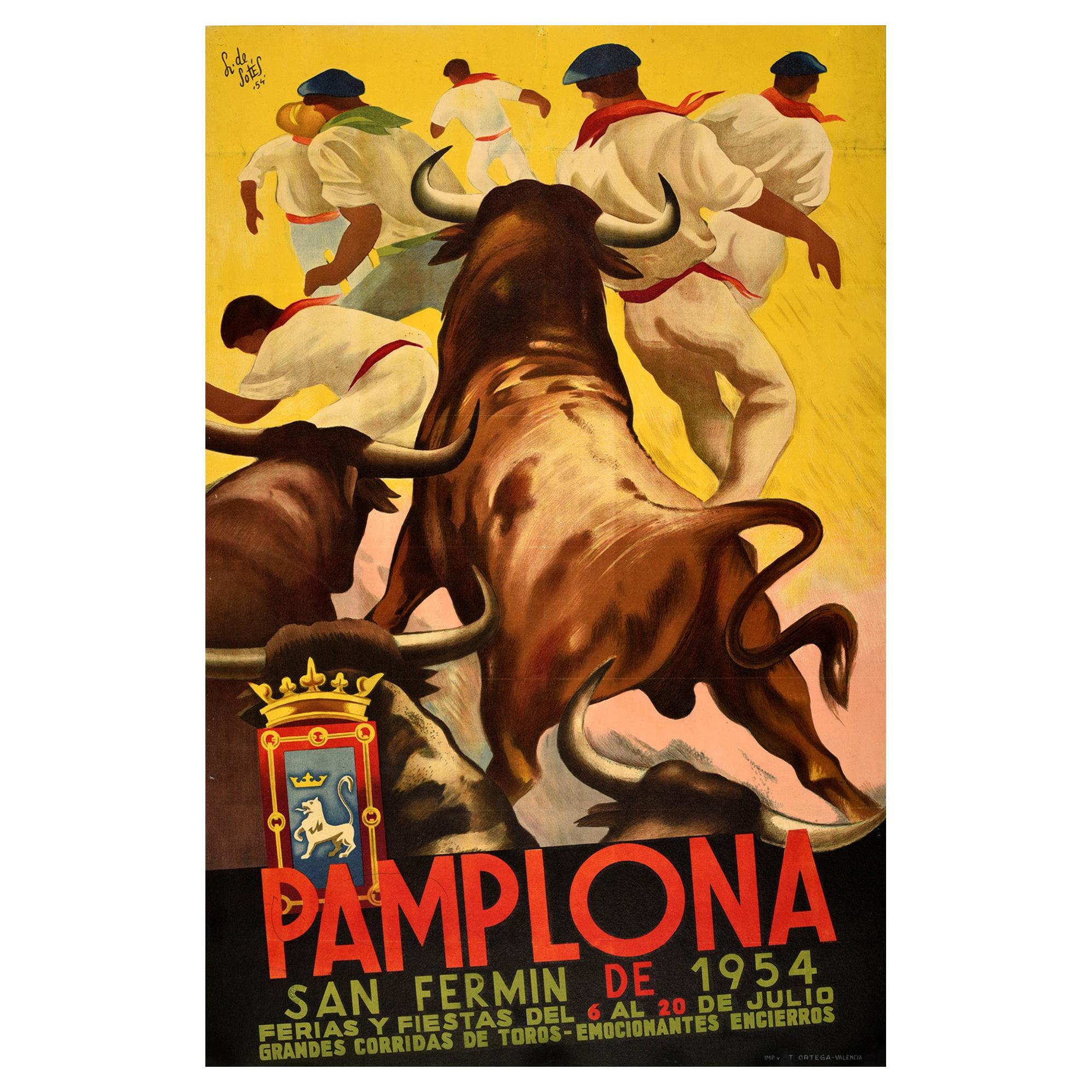 Encierro Original-Vintage-Poster San Fermin, Lauf der Stiere, Pamplona, Spanien