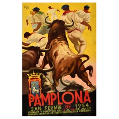 Affiche d'origine vintage Course de taureaux de Saint Firmin Pamplona Espagne Encierro