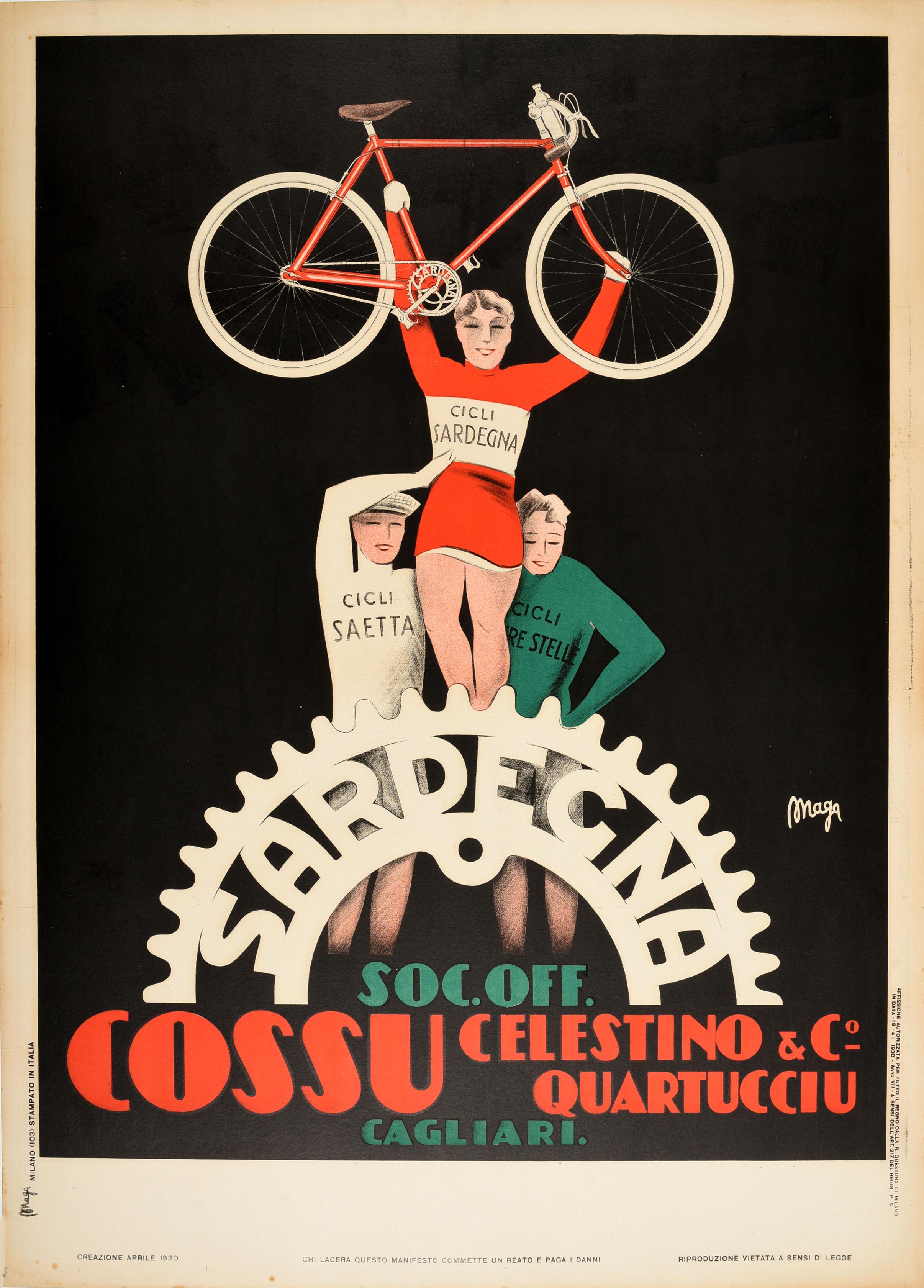 Original vintage sport poster for Sardegna Soc. Off. Cossu Celestino & Co. Quartucciu Cagliari featuring a colourful Art Deco design by Maga (Guiseppe Magagnoli; 1878-1933) depicting three cyclists in red, white and green Cicli Sardegna / Sardinia