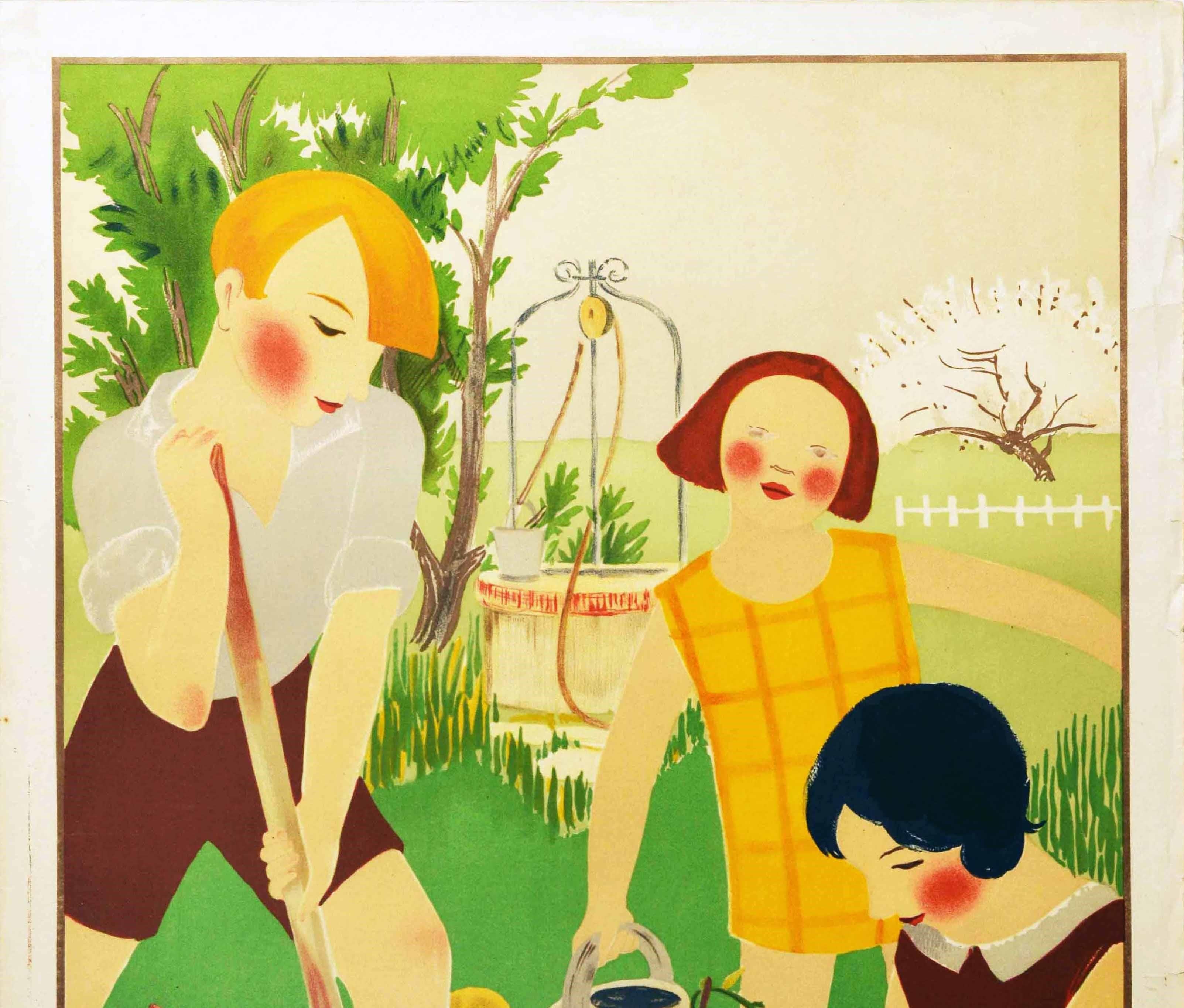 Original vintage Art Deco advertising poster entitled School Art Competition / Concours de L'art a l'ecole featuring a colourful illustration of a teacher and schoolchildren gardening - the boy is digging with a spade while the teacher holds a