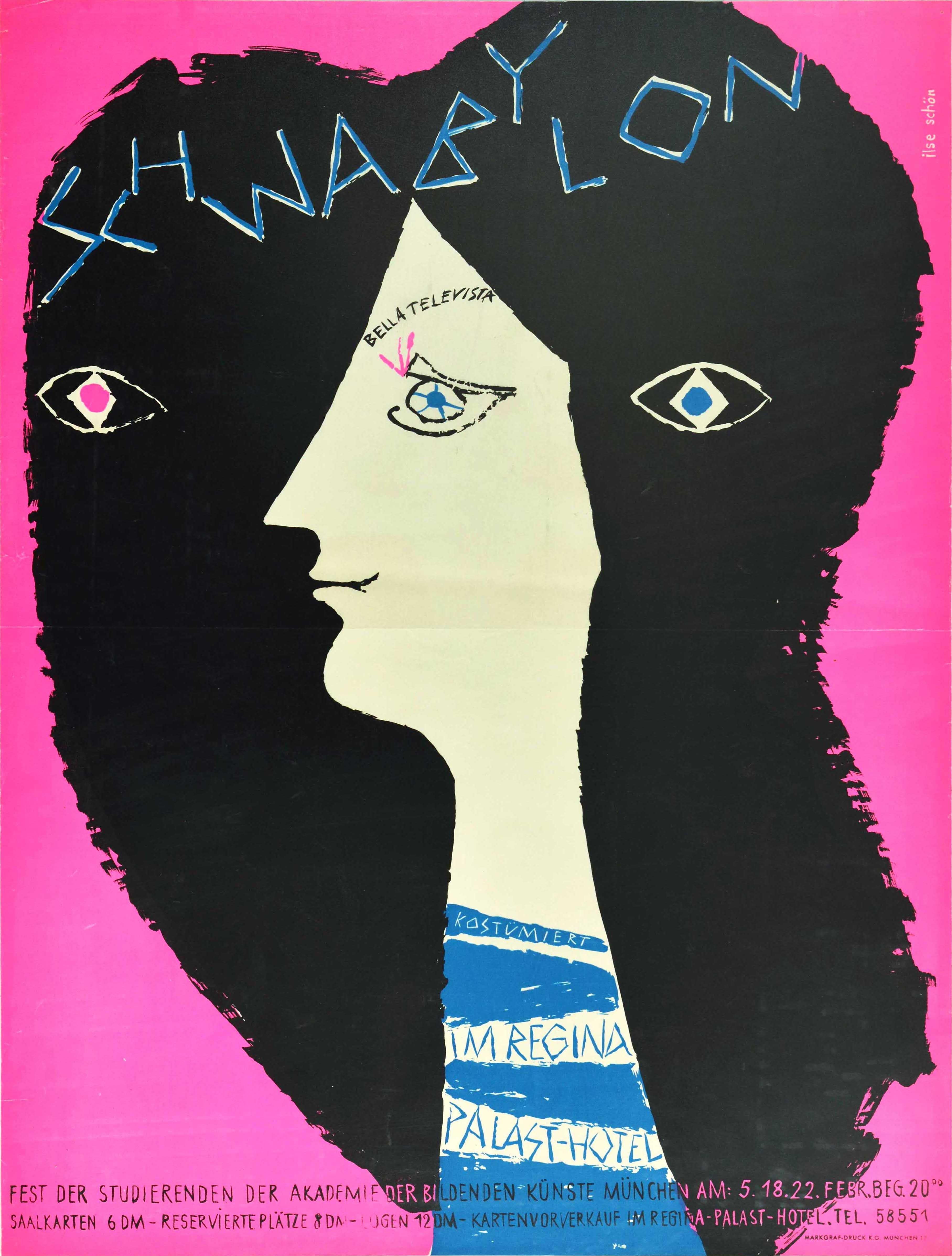 Original vintage advertising poster for the Munich Academy of Fine Arts carnival festival Schwabylon at The Regina Palast Hotel / Schwabylon Bella Televista kostumiert Im Regina Palast-Hotel featuring an abstract illustration of a lady with the