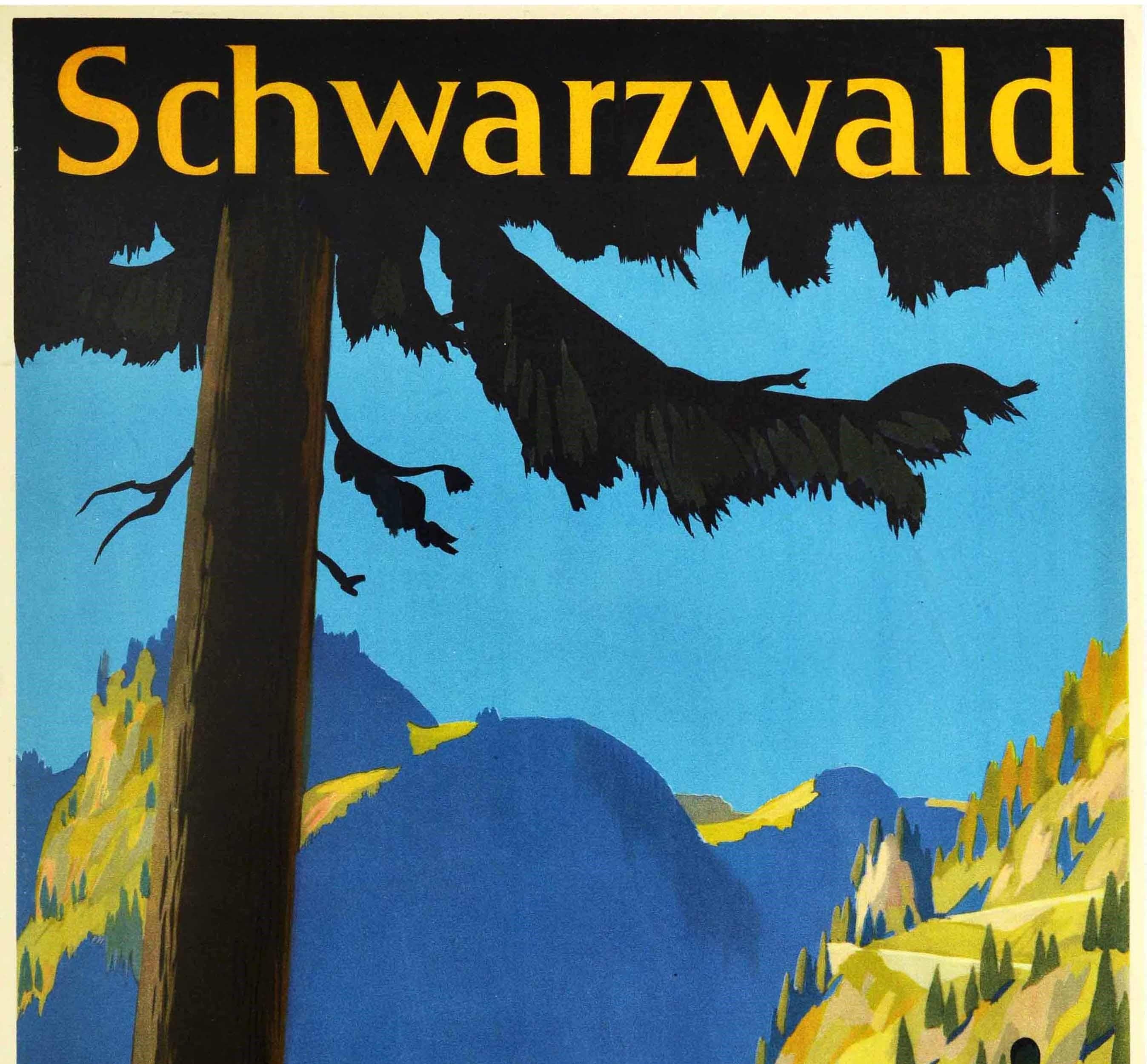 Original vintage travel poster promoting Schwarzwald in Germany featuring a great illustration of a pine tree in the foreground, forested mountains and a Hollentalbahn railway train approaching a tunnel as it crosses over a tall white viaduct bridge