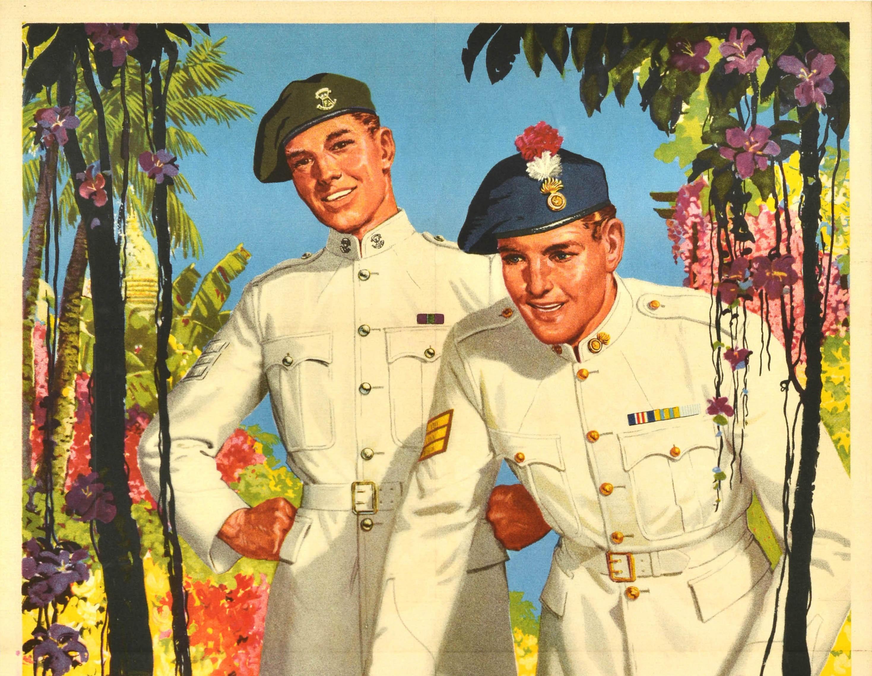 Original vintage British military recruitment poster - See it all ... in the Regular Army and you can join at 17½ - featuring an illustration of two soldiers from the Royal Regiment of Fusiliers and British Light Infantry wearing white uniforms and