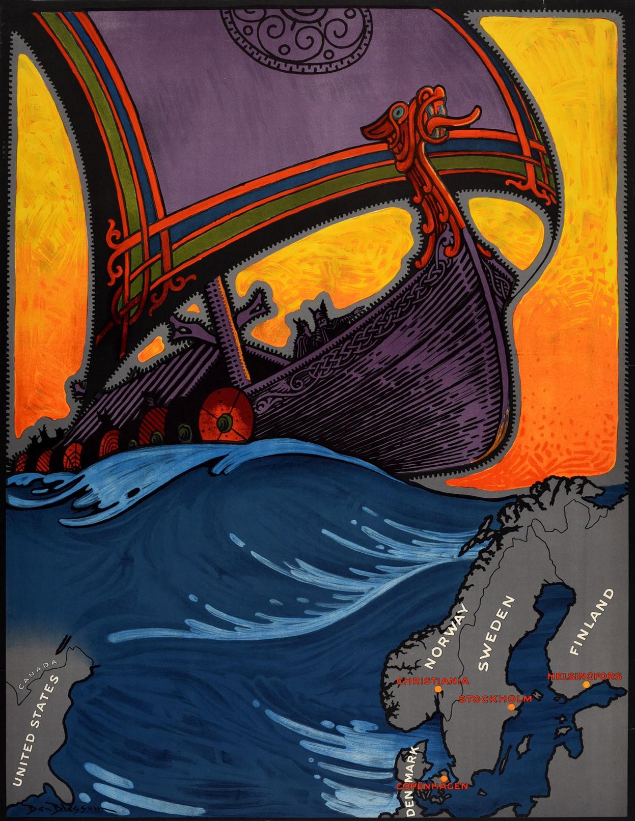 Original vintage travel poster for the Nordic countries marked on a map - Christiania (Oslo) Norway, Stockholm Sweden, Helsinki Finland, and Copenhagen Denmark - below a colorful image of a Viking warship in full sail decorated in an Old Norse style
