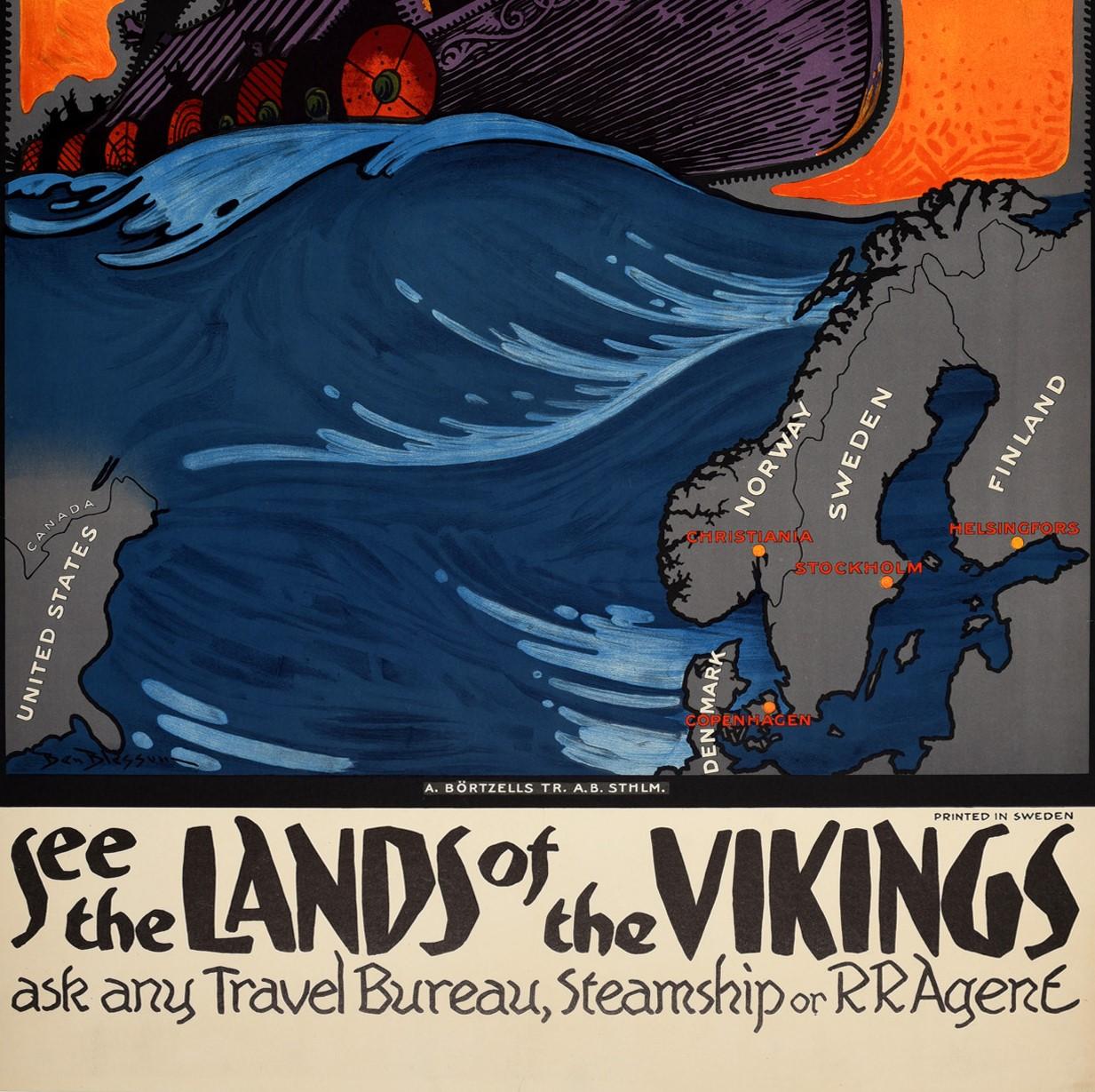 Swedish Original Vintage Poster See The Lands Of The Vikings Travel Old Norse Style Art