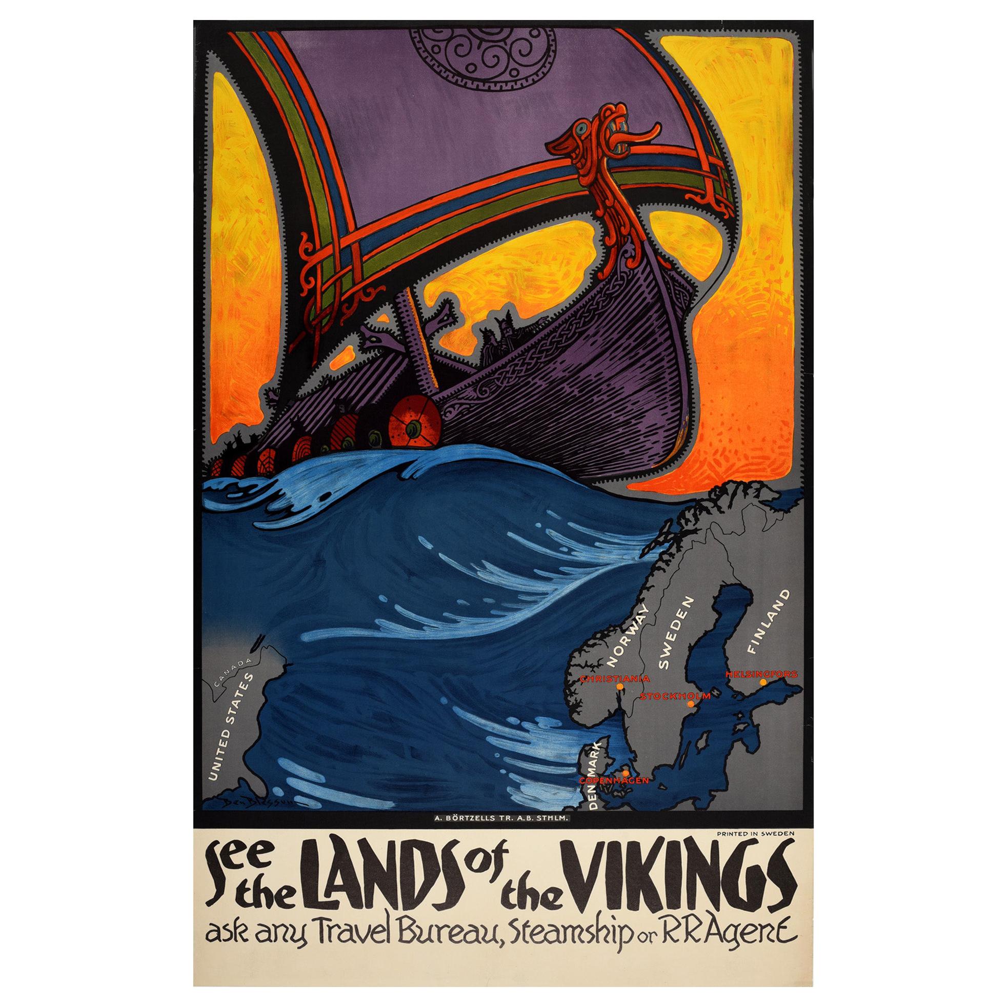 Original Vintage Poster See The Lands Of The Vikings Travel Old Norse Style Art