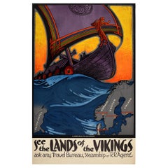 Original Vintage Poster See The Lands Of The Vikings Travel Old Norse Style Art