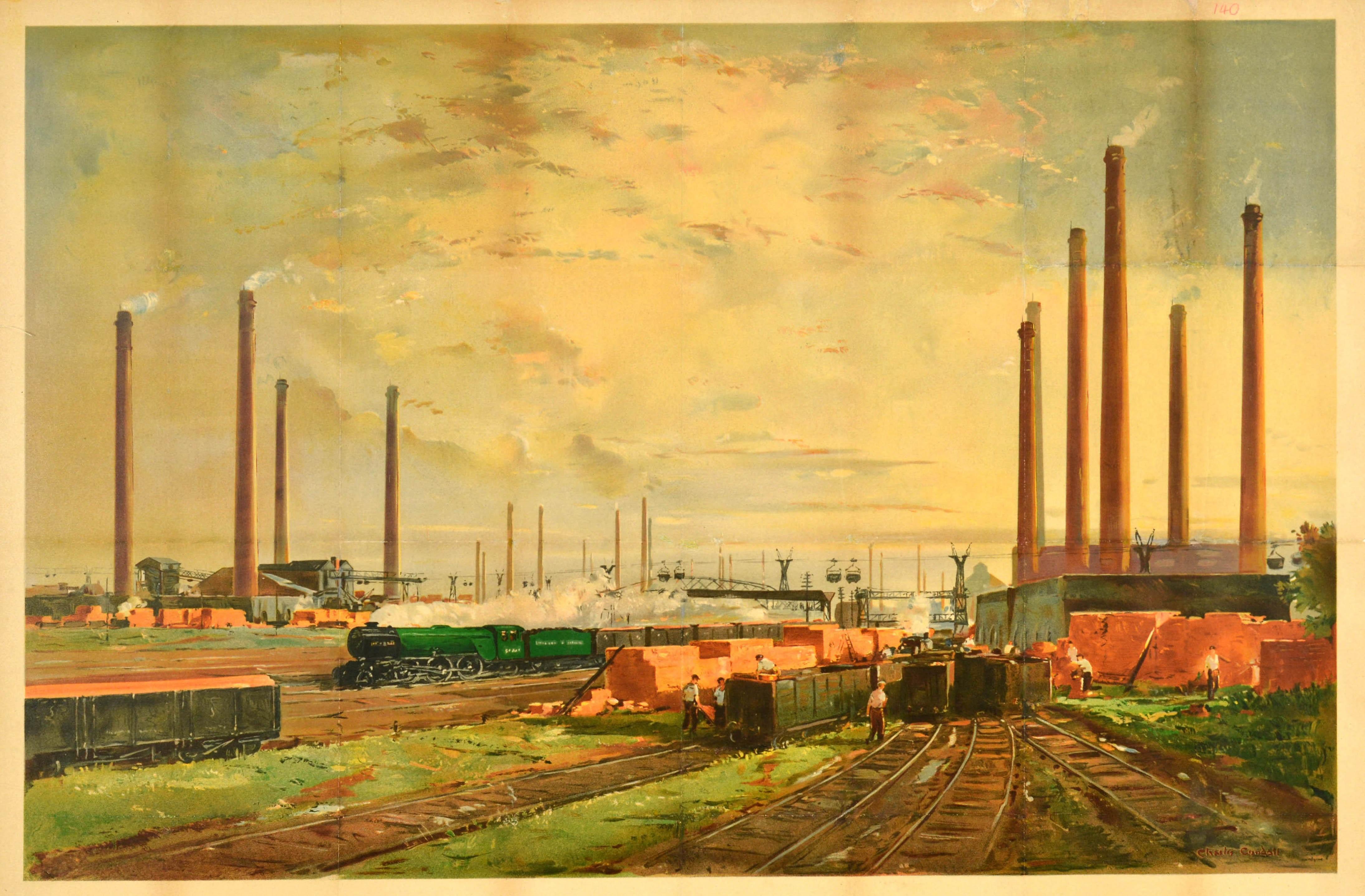Original vintage British Railways poster - Service to Industry Brick Making - featuring industrial artwork by the English painter Charles Cundall (1890-1971) showing workers by the rail wagons in the foreground and a steam train on the railway