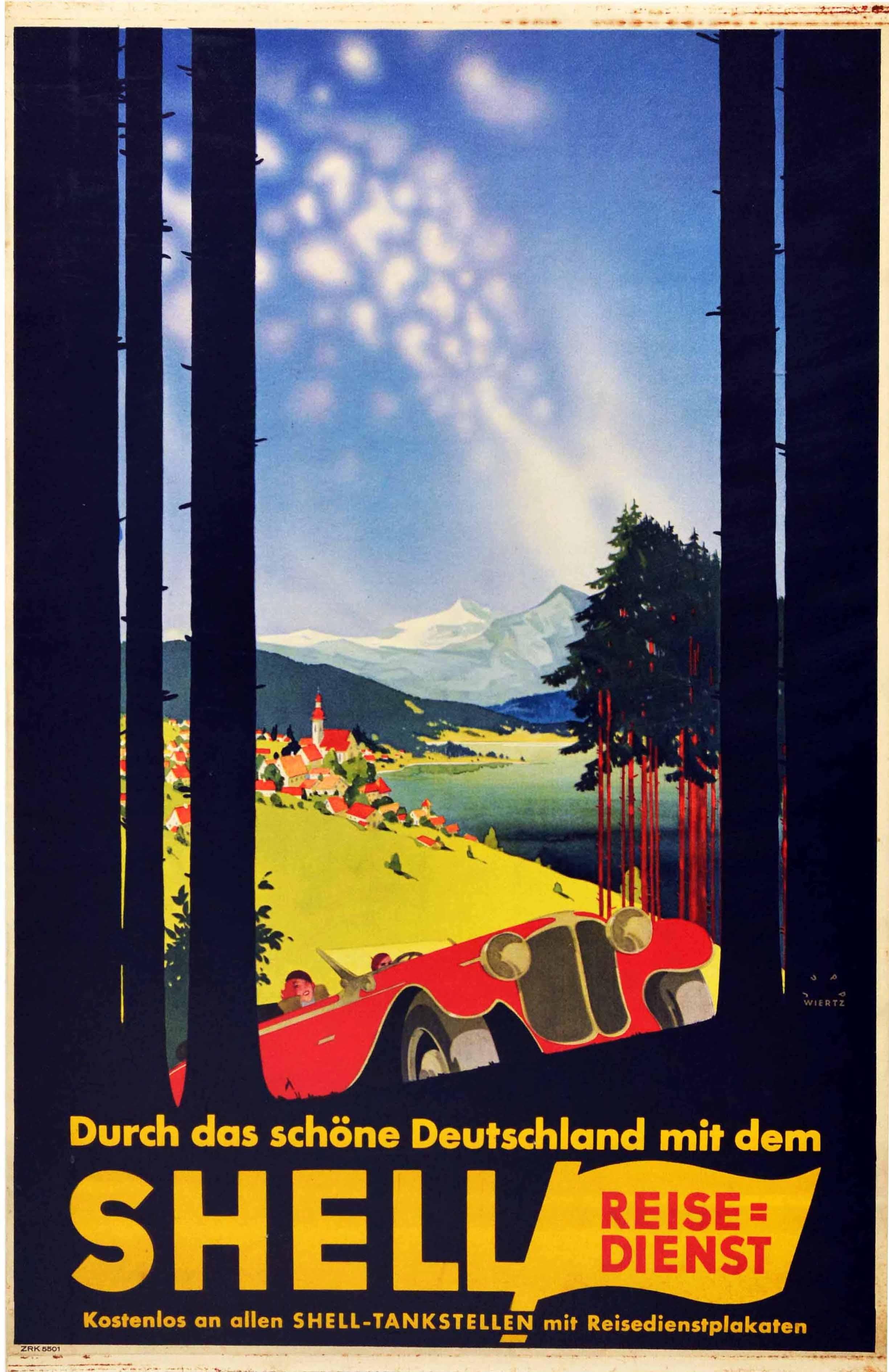 Original vintage advertising poster for Shell travel through Germany featuring Art Deco artwork by the renowned graphic artist Jupp Wiertz (Joseph Lambert Wiertz; 1888-1939) depicting a scenic countryside view through trees with a classic car