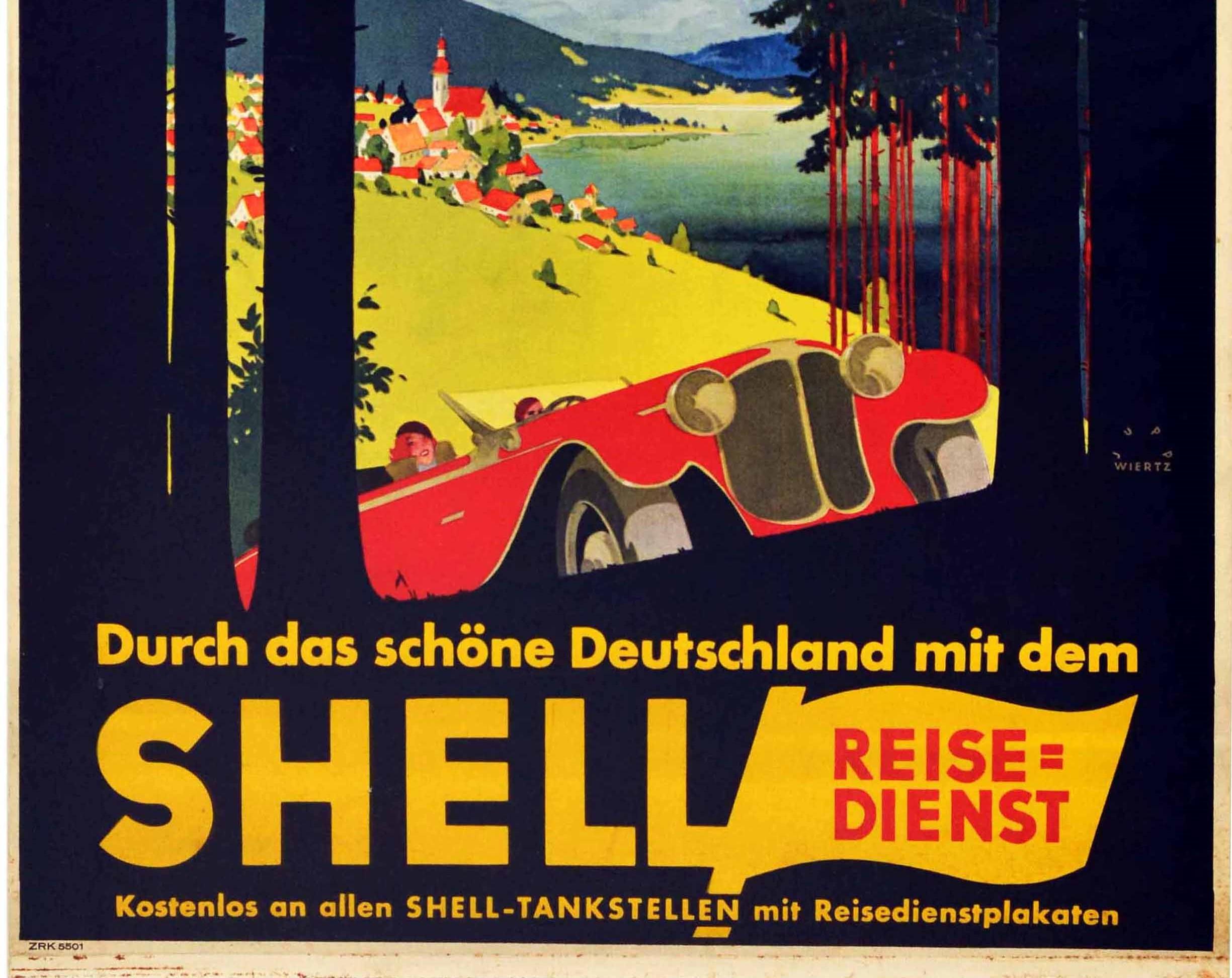 Allemand Affiche rétro originale Shell Allemagne, Voyage, Voiture de montagne classique, Voiture de voiture en vente