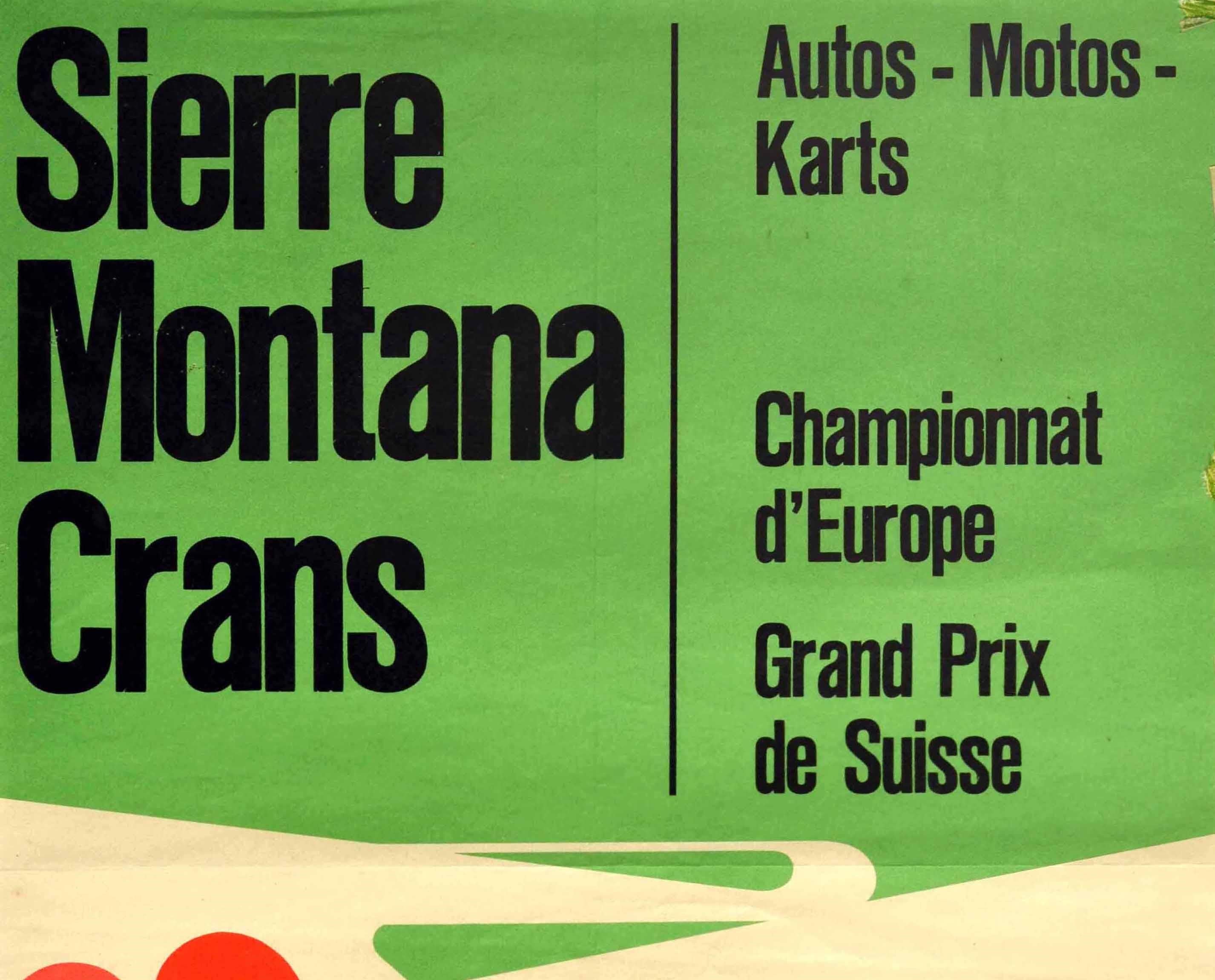 Original vintage motor sport advertising poster issued by the Automobile Club of Switzerland for the Sierre Montana Crans Autos Motos Karts European Championship Swiss Grand Prix on 24-25 August / Championnat d'Europe Grand Prix de Suisse featuring