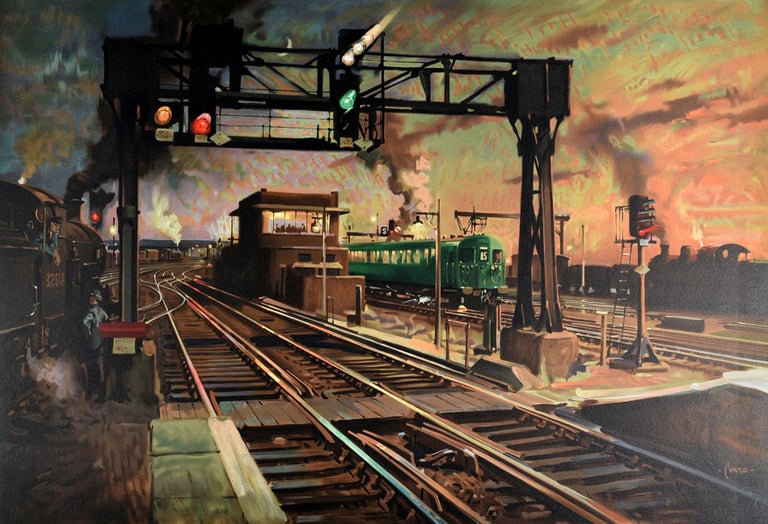 Original vintage railway travel advertising poster entitled Signal Success featuring artwork by the notable British artist Terence Cuneo (1907-1996) depicting steam trains on a railway track with signal boxes and lights below a sunset sky, the