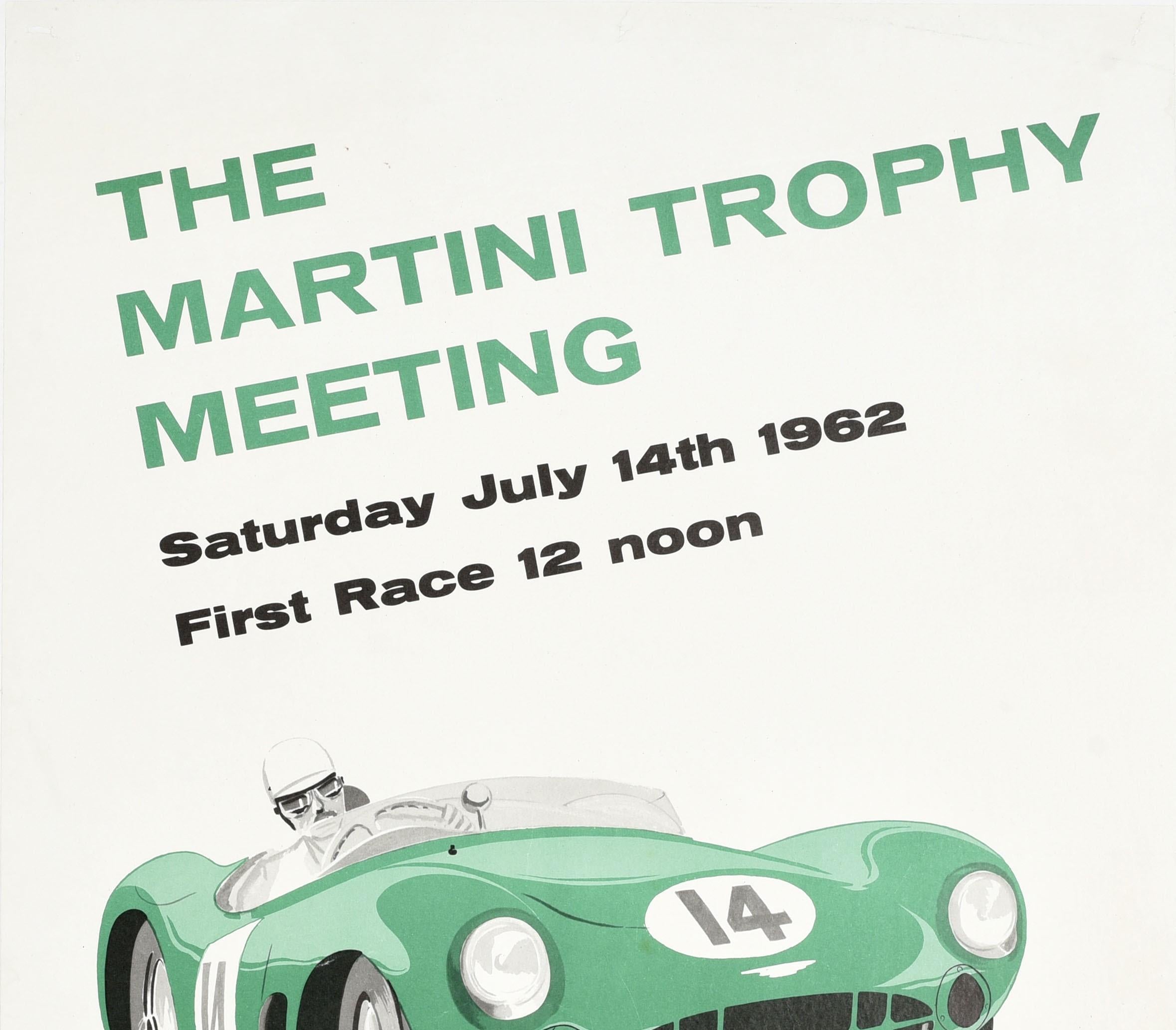 Original vintage motorsport poster advertising The Martini Trophy Meeting auto racing event at the Silverstone Grand Prix Circuit on Saturday 14 July 1962 organised by the Aston Martin Owners Club featuring a great design showing a driver in a