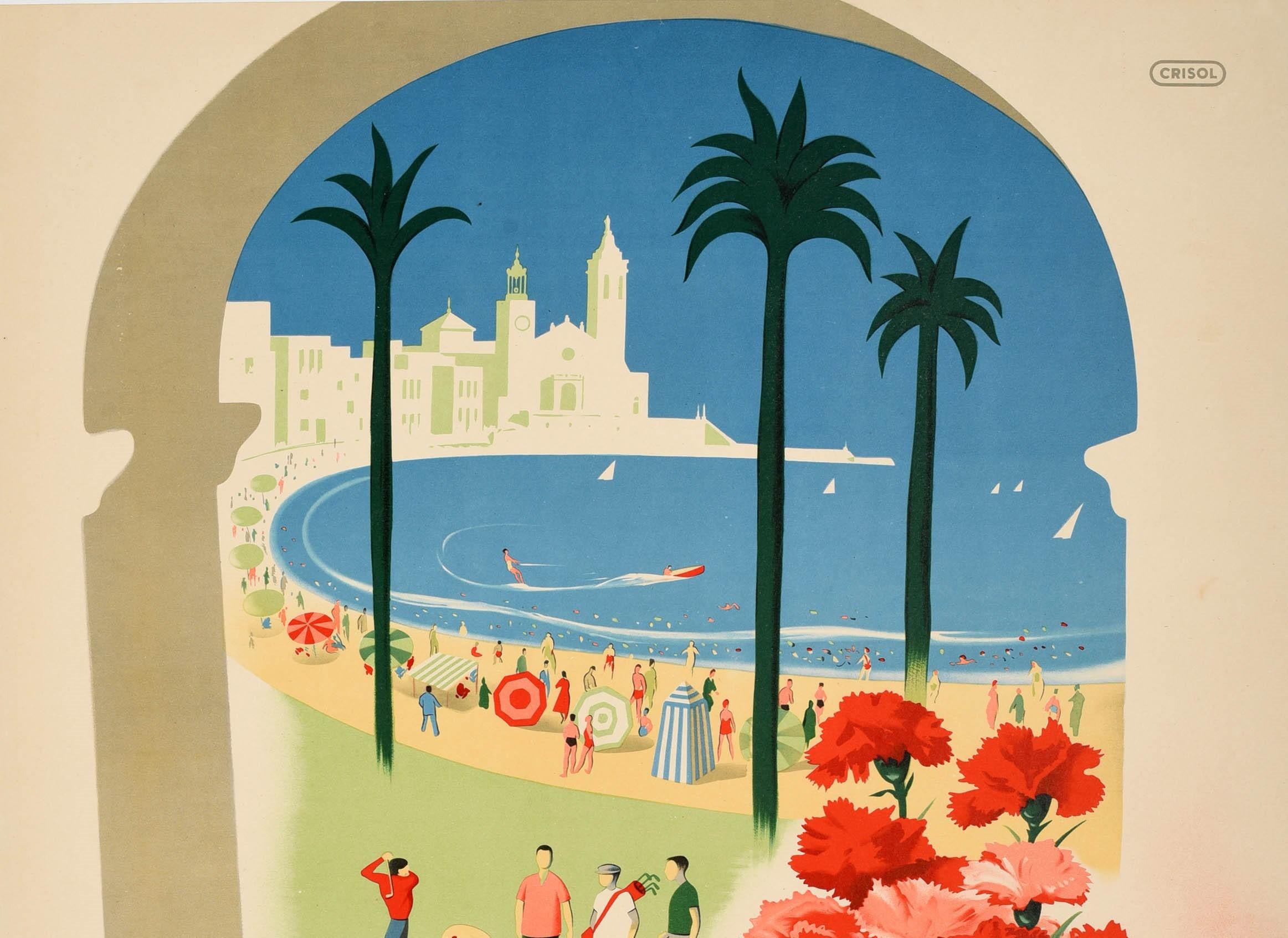 Original vintage travel advertising poster promoting the XIX Esposicion Nacional de Claveles de interes artistico nacional / National Exhibition of Carnations from 25 May to 8 June at the seaside town of Sitges on the Mediterranean Sea in Catalonia
