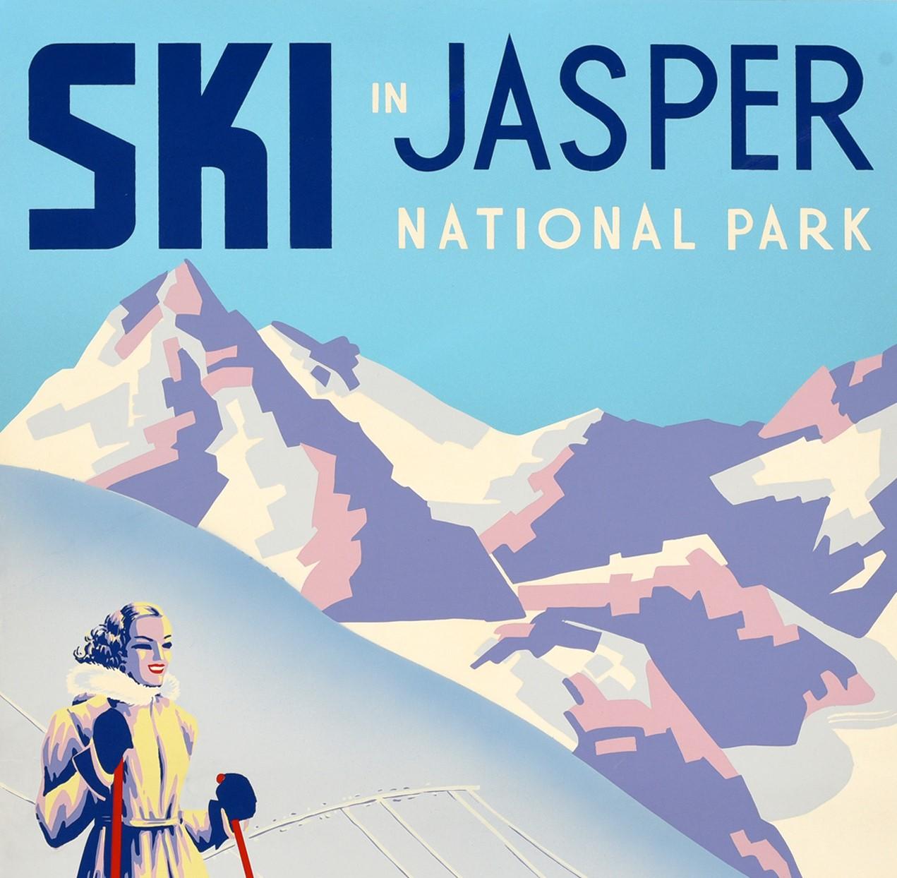 Original vintage poster - Ski in Jasper National Park Canadian National - featuring a stunning design depicting a smiling lady standing in powder snow in the foreground holding red ski poles with four skiers skiing down the mountain in the