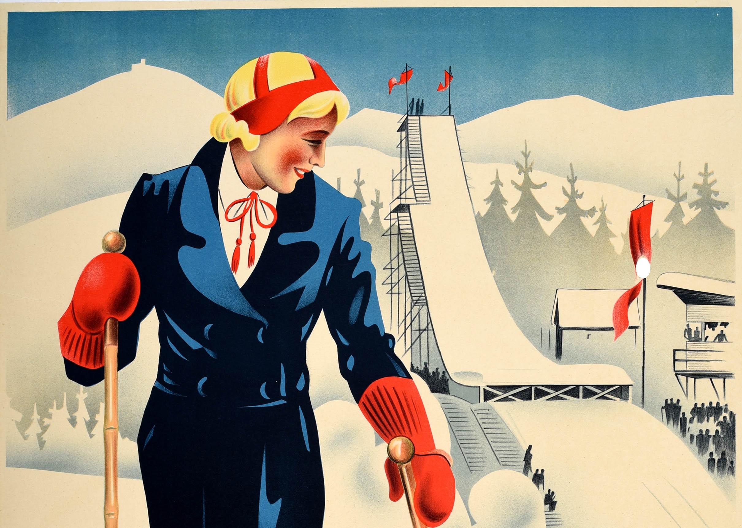 Art déco Affiche vintage d'origine Ski Jump Winter Sport Allemagne Krummhubel Karpacz Pologne en vente