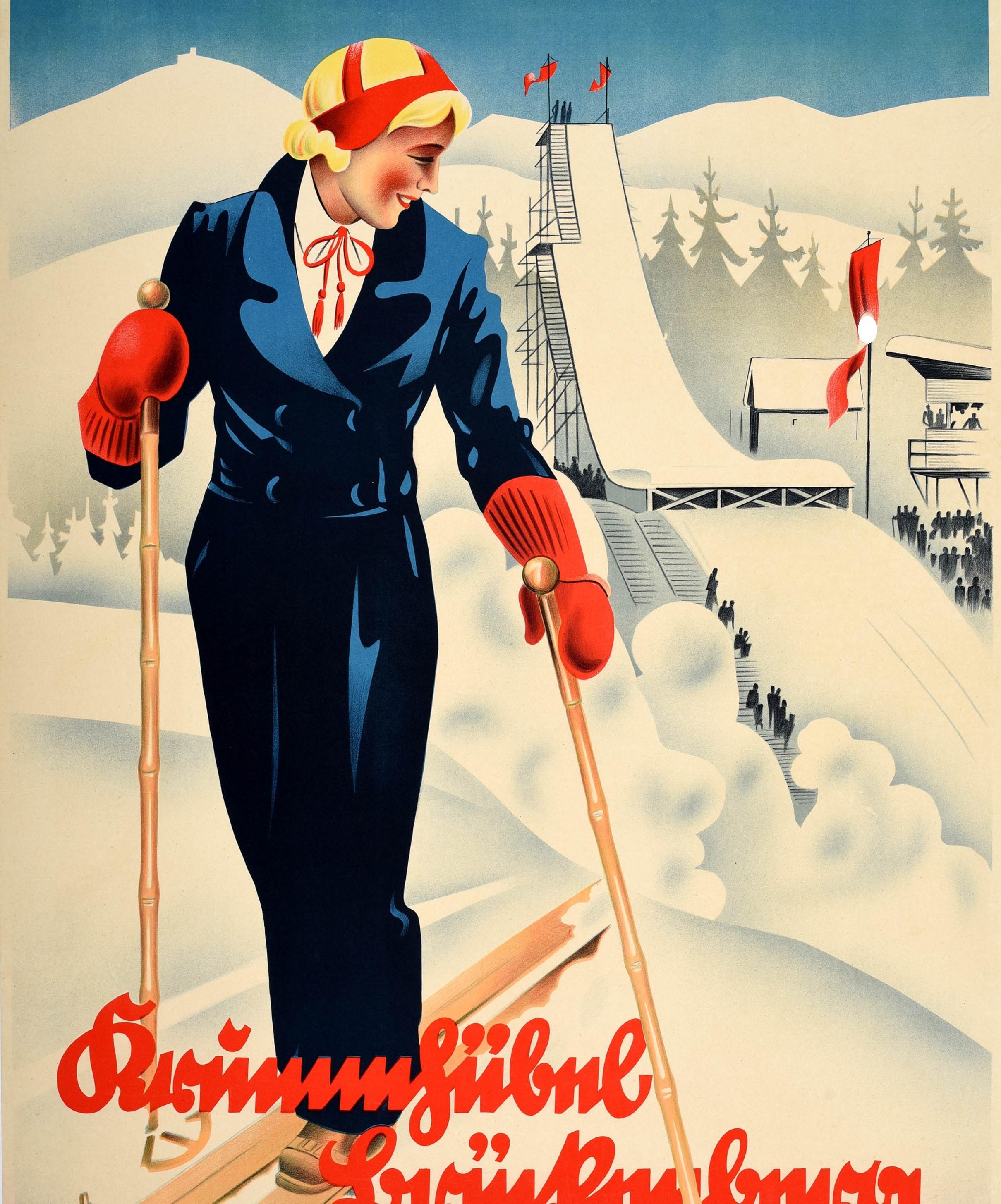 Allemand Affiche vintage d'origine Ski Jump Winter Sport Allemagne Krummhubel Karpacz Pologne en vente