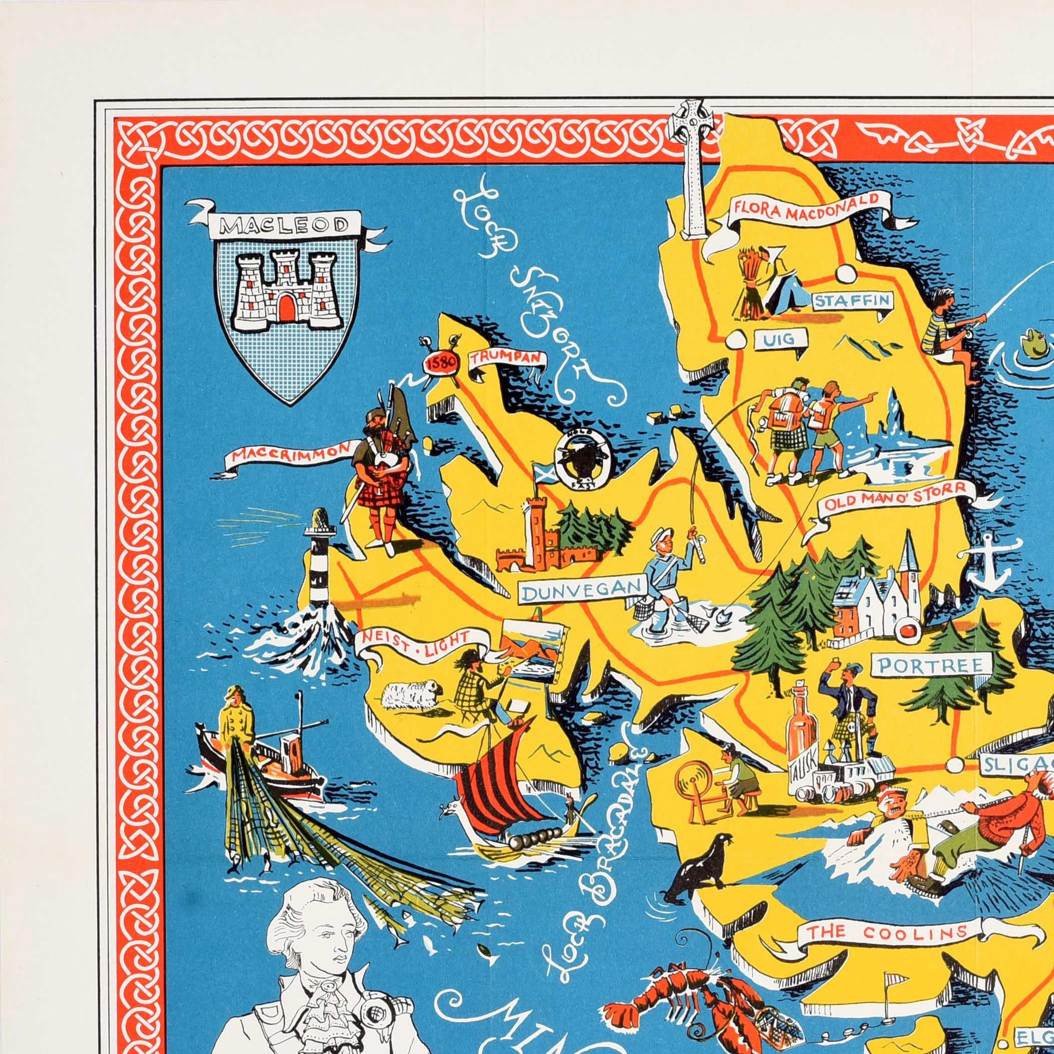 Original Vintage-Plakat für die Isle of Skye mit detaillierten, lustigen und farbenfrohen Illustrationen mit einer Eisenbahn- und Streckenkarte auf den Inseln und auf Schriftrollen eingezeichneten Orten, Menschen, die fischen, segeln, weben, einem