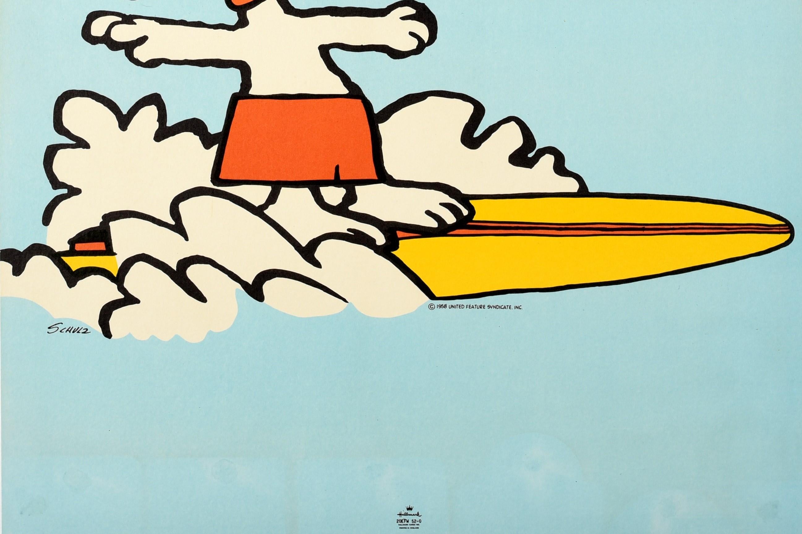 Britannique Affiche rétro originale Snoopy Think style dessin animé, chien de surfeur amusant, oeuvre d'art en vente