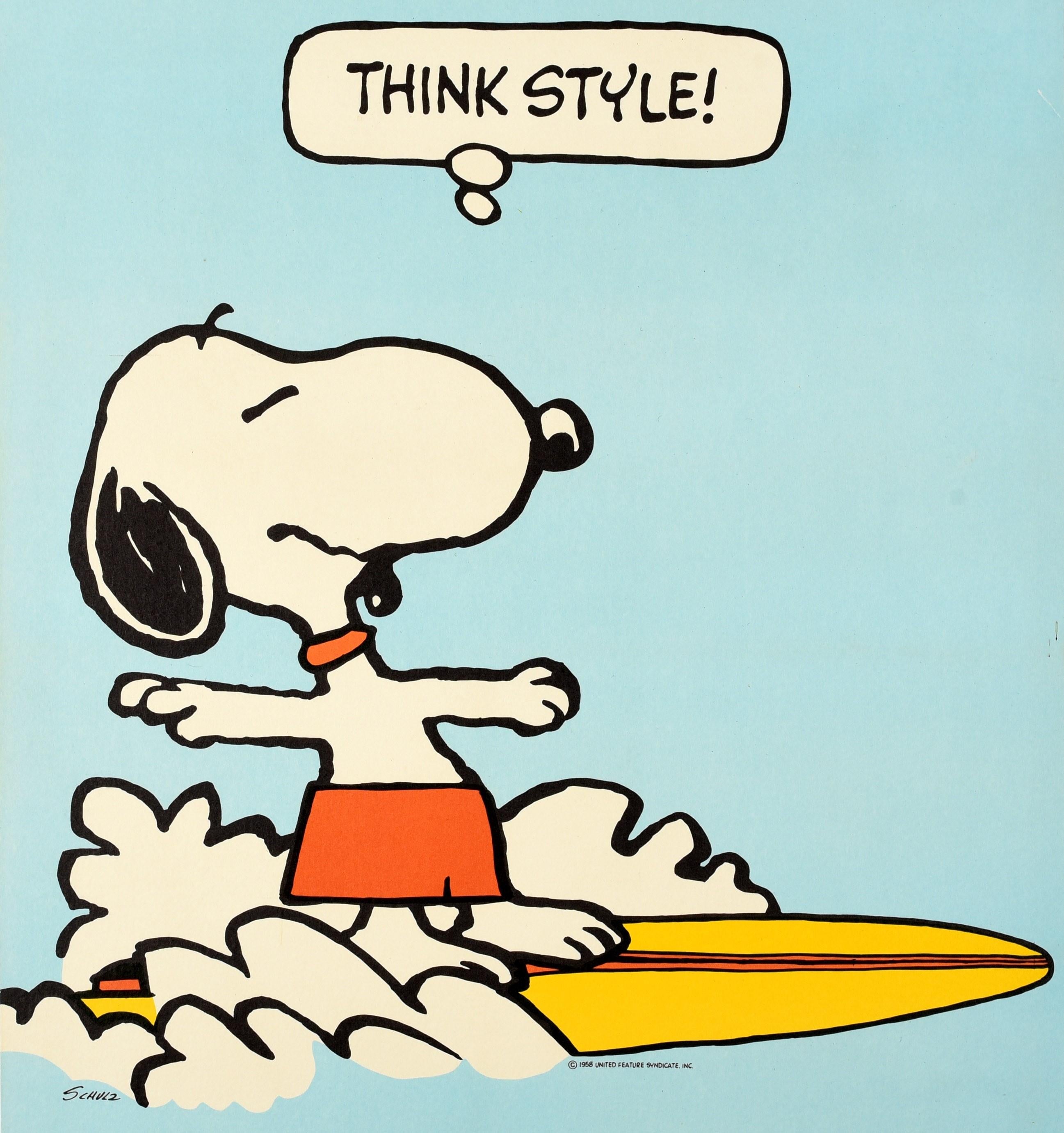 Affiche rétro originale Snoopy Think style dessin animé, chien de surfeur amusant, oeuvre d'art Bon état - En vente à London, GB